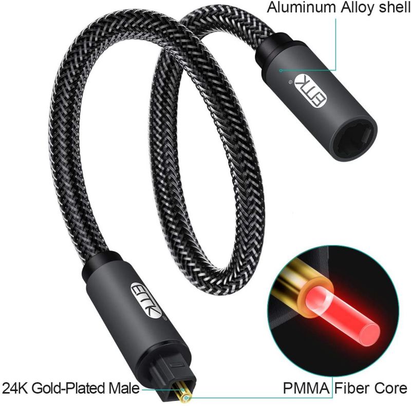 Optical Extension Cable Male to Female Coupler CableToslink Audio Cable Nylon Braided Jacket 24K Gold-Plated Fiber Digital Extension Adapter Cable for Home Theater Sound bar TV PS4 Xbox (3.3ft)