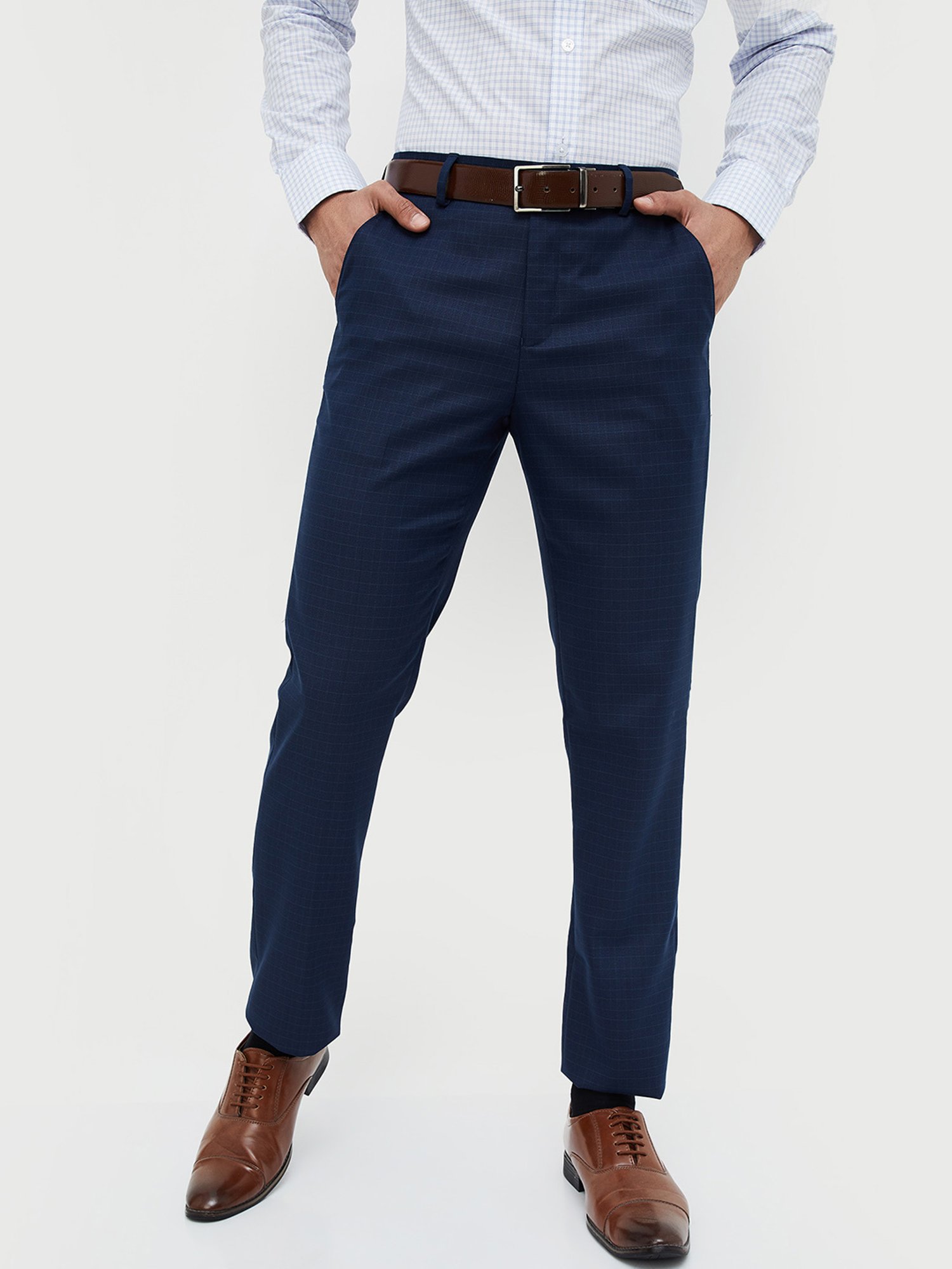 Code by Lifestyle Navy Slim Fit Check Flat Front Trousers