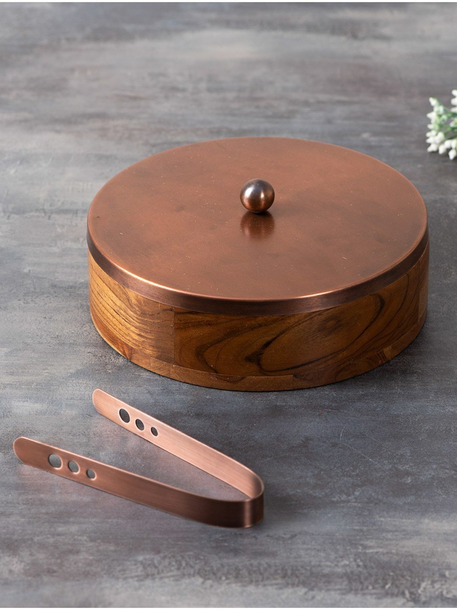 Nestroots Chapati Box Wooden Casserole Box Food Warmer Hotcase Hotpot Roti Box with Copper Tong