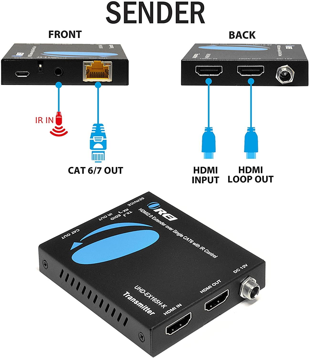 Orei HDMI Extender UltraHD Over Single Cat6/Cat7 Cable 4K @ 60Hz with HDR & IR Control - Up to 165 ft EDID Management