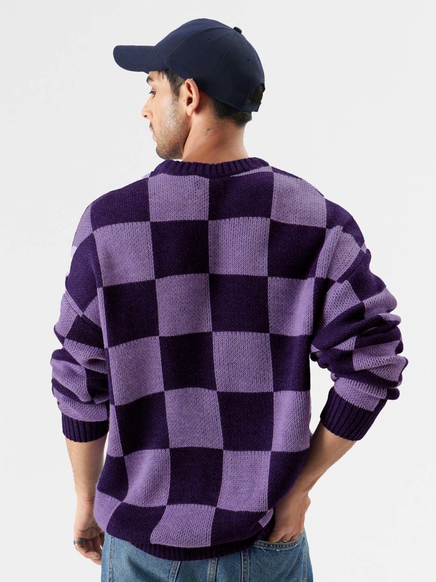 The Souled Store Originals Purple Check Oversized Sweater