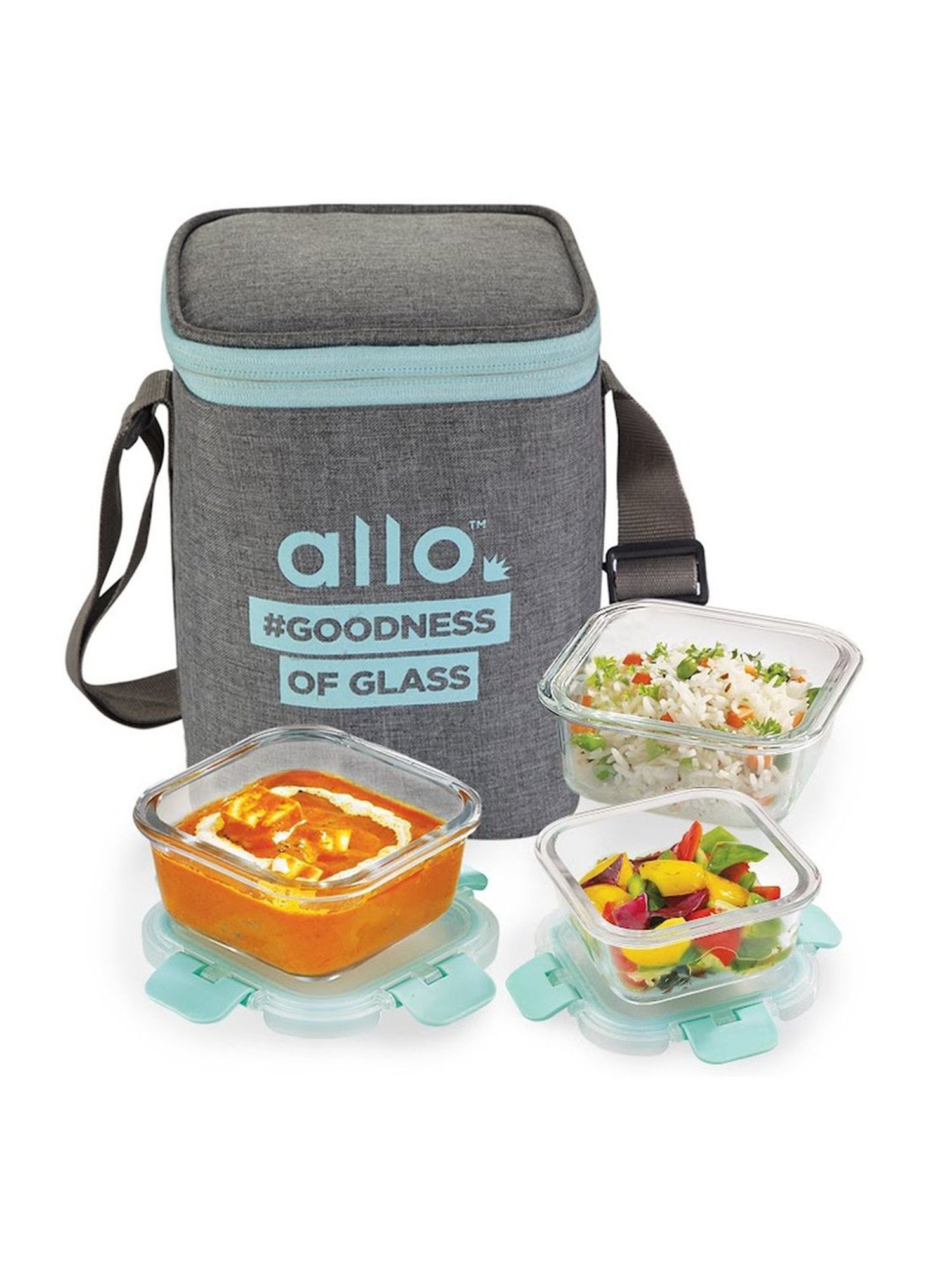 Borosilicate Glass Lunch Box Microwave Oven Safe with Detachable Lock and Canvas Grey Tiffin Bag