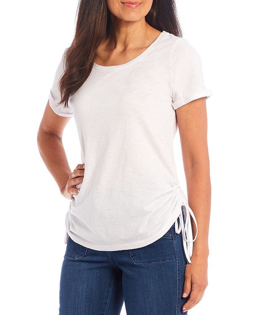 Intro Solid Cotton Slub Knit Scoop Neck Short Sleeve Ruched Side Tee