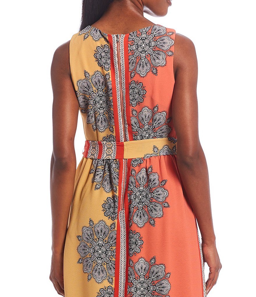 Maison Tara Printed Crepe Belted Round Neck Sleeveless D-Ring Belt A-Line Dress