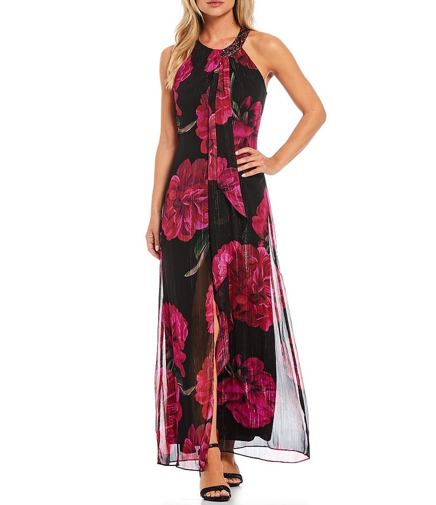 Kay Unger Long Bishop Sleeve V-Neck Crepe A-Line Dress