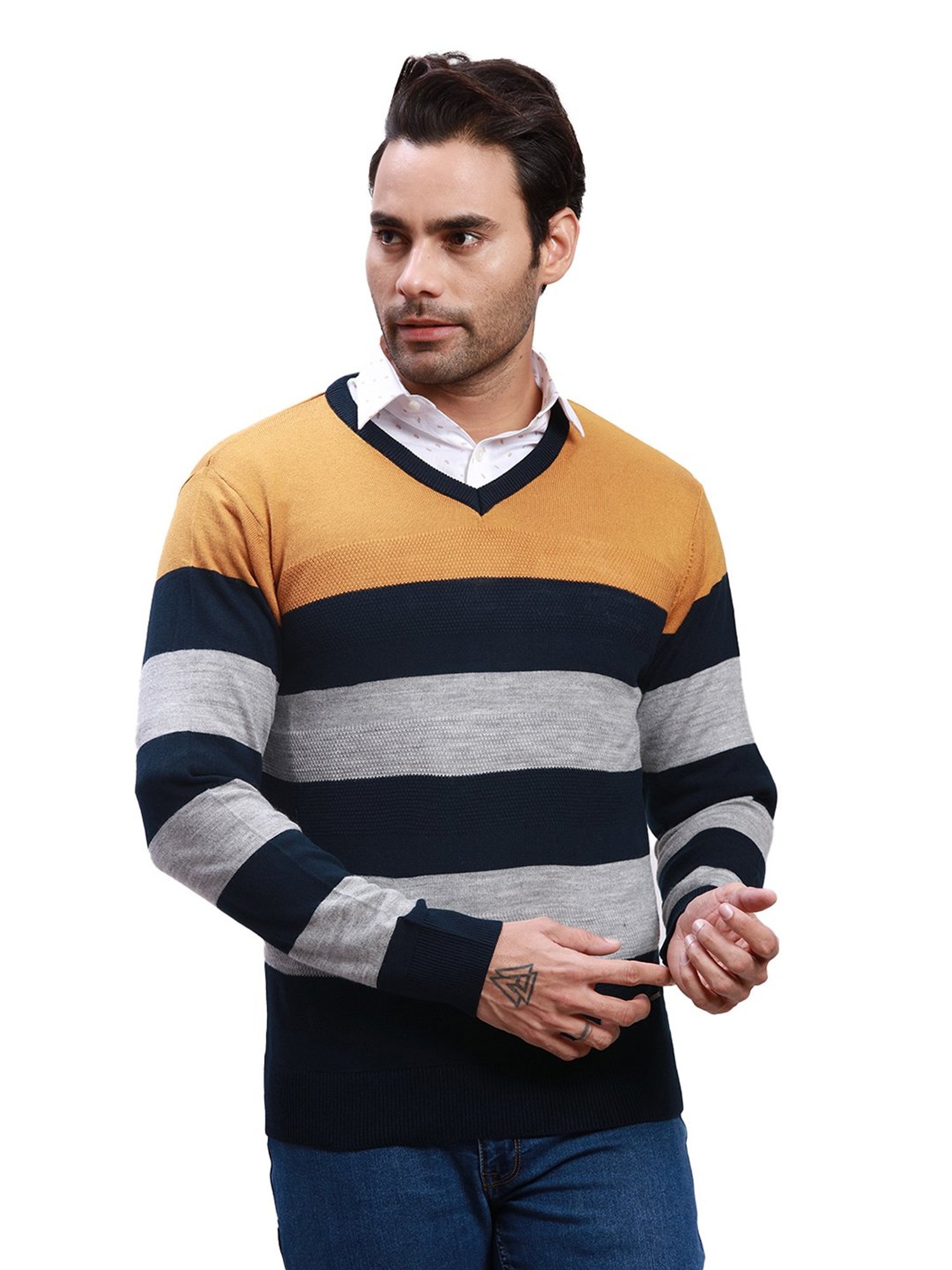Parx Yellow Regular Fit Striped Sweater