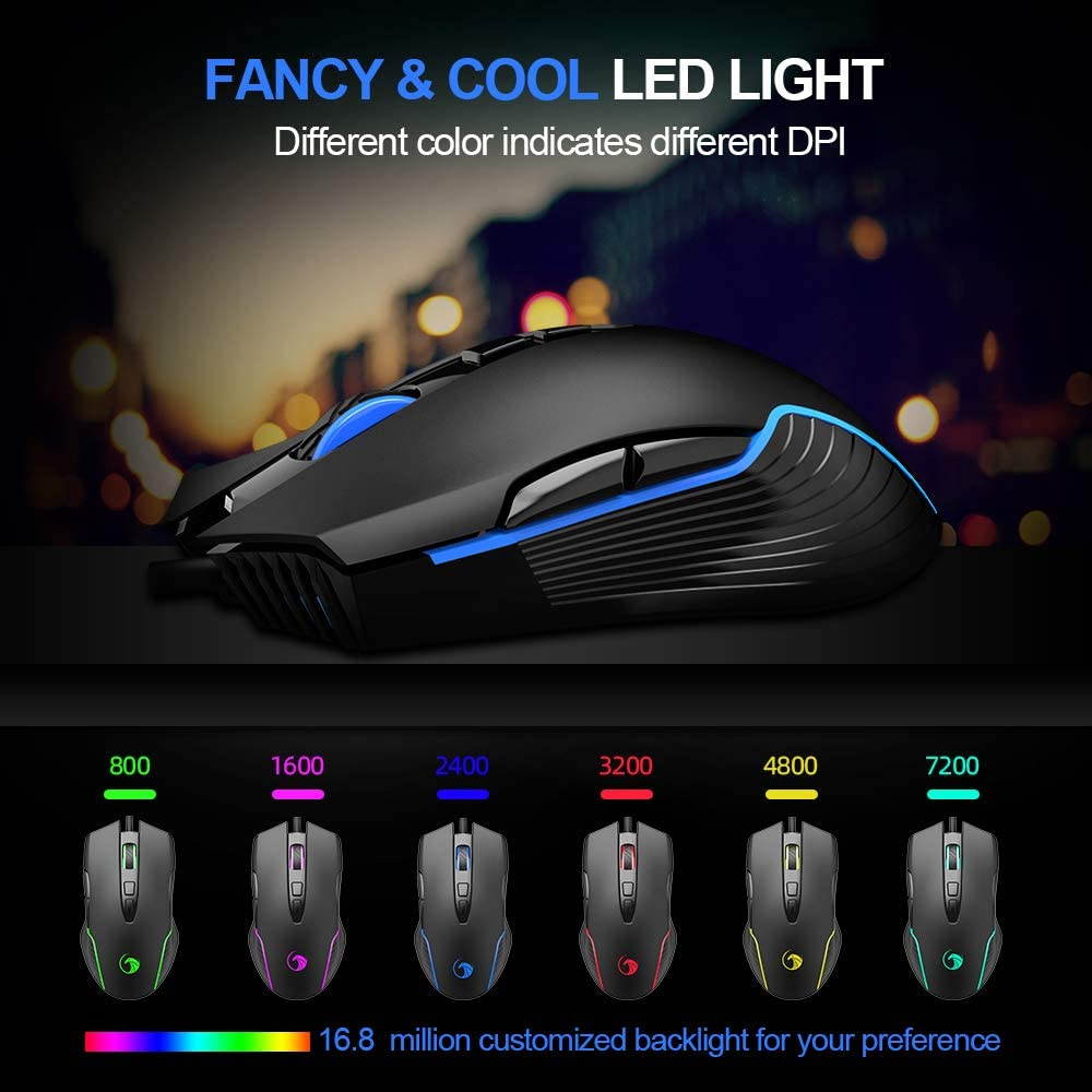 Wired Gaming Mouse, 7200 DPI, 7 Programmable Buttons, LED Backlit, Ergonomic Optical PC, Comfortable Computer Gaming Mice for Windows 7/8/10/XP Vista Linux, Black