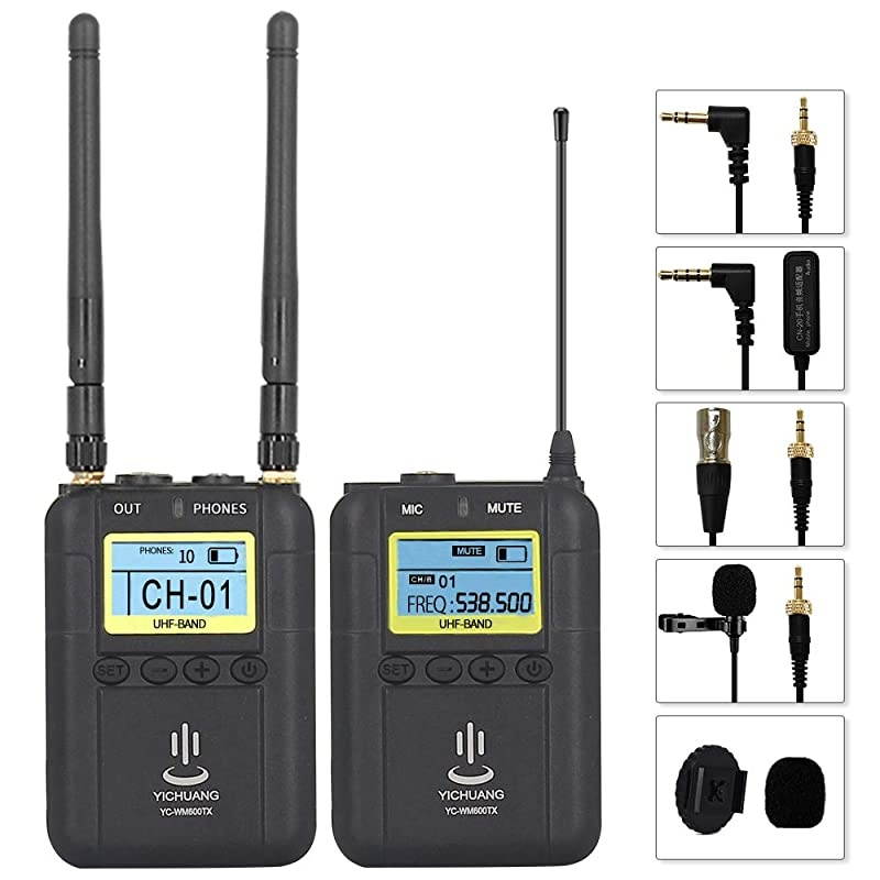 Lavalier Microphone System, YC-WM600 100 Channels UHF Microphone System Includes Portable Receiver, Bodypack Transmitter (328-Foot Range)