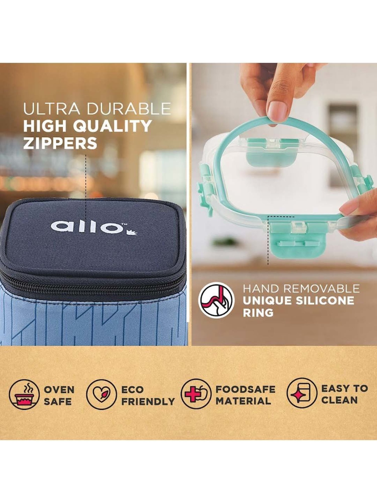 Allo Borosilicate Glass Lunch Box Microwave Oven Safe With Detachable Lock and Space Blue Tiffin Bag