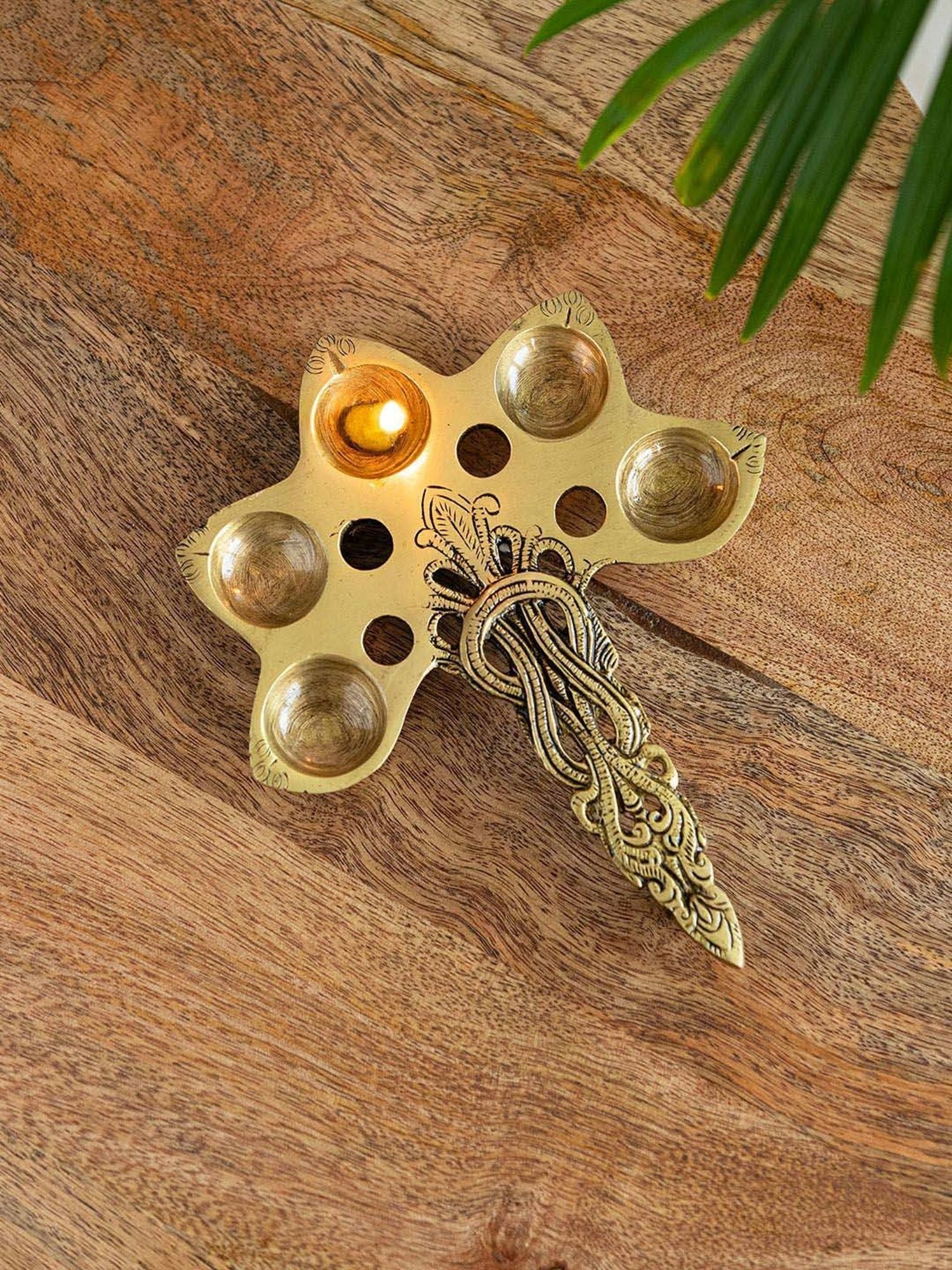 ExclusiveLane Golden Brass Panch Deep Aarti Pooja Spoon 5 Wicks