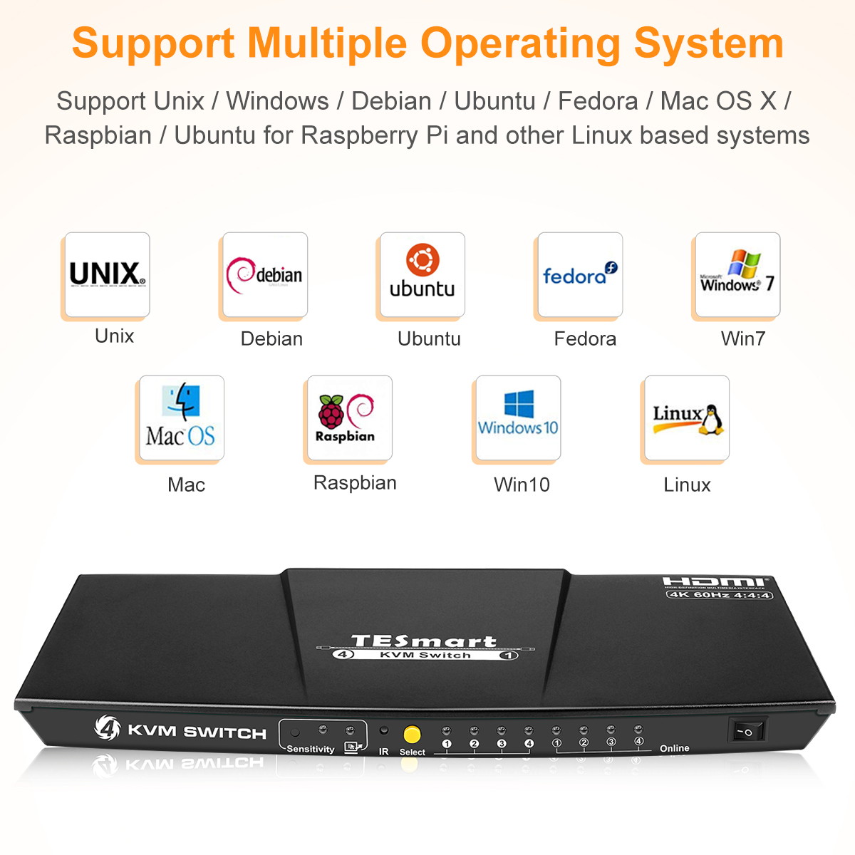 TESmart HDMI KVM Switch 4 ports 4 in 1 out  , support 4k 3840*2160@60Hz 4:4:4  Support HDR 10 and Dolby Vision ,Complaint with HDCP 2.2, With USB2.0 and audio output ports