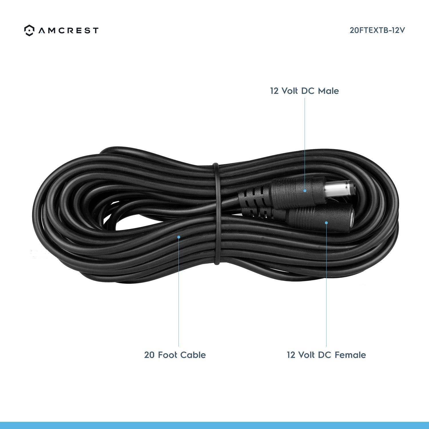 Amcrest Universal 12V DC Power Extension Cable (20ft) for Power Supply/Adapter / Outdoor Security Cameras, Compatible with All CCTV/IP Camera Brands, 5.5mm DC Plug, 20 Feet, Black (20FTEXTB-12V)