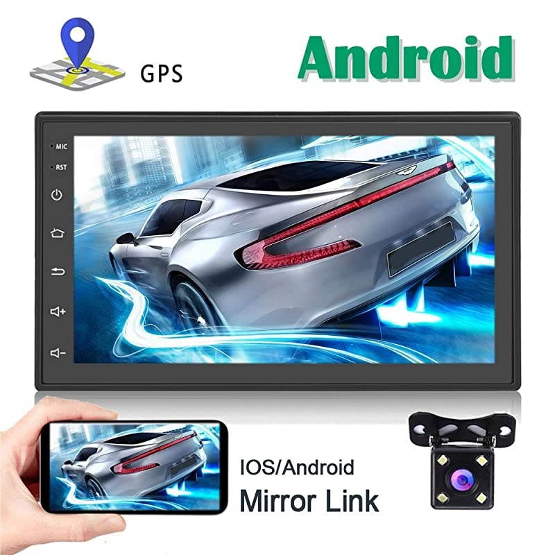 Double Din Car Stereo with GPS Navigation Bluetooth FM Radio Reciever 7 Inch Capacitance Touch Screen Support WiFi Connect Mirror Link for iOS Phones + Dual USB Cable Backup Camera