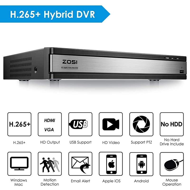 H265+ 1080N 16 Channel DVR for Security Camera System Hybrid 4in1AnalogAHDTVICVI Surveillance CCTV DVR RecorderMotion DetectionRemote AccessEmail AlarmNo Hard Drive