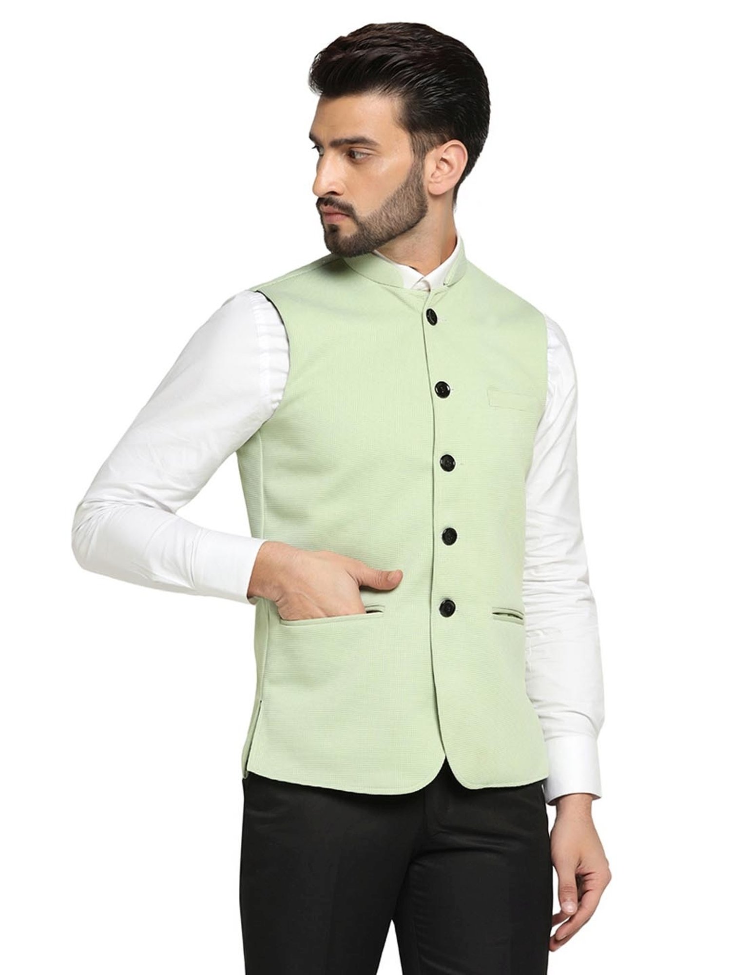 TAHVO Green Satin Slim Fit Nehru Jacket
