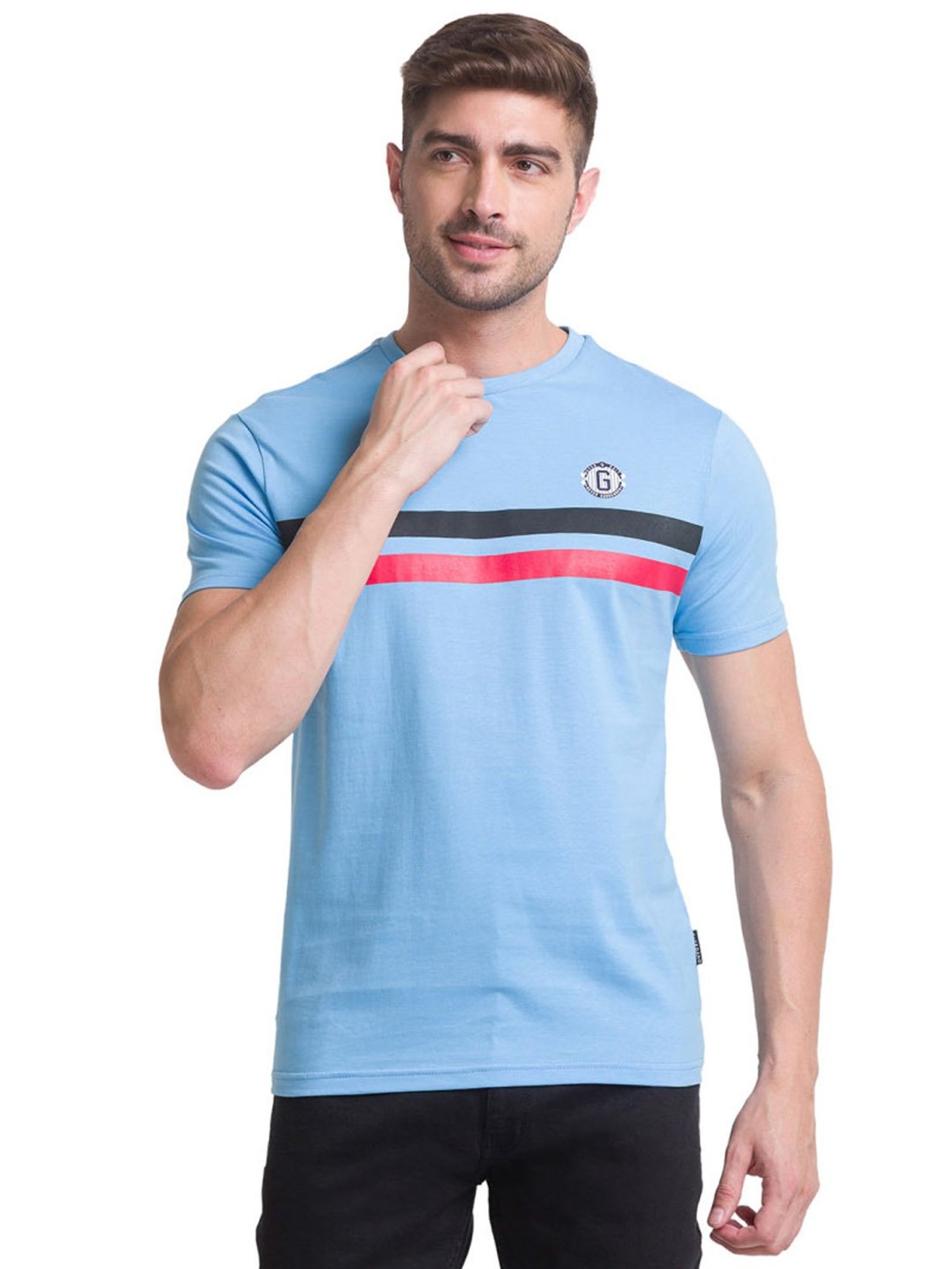Giordano Blue Cotton Slim Fit Striped T-Shirt