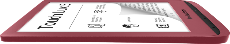 PocketBook Touch Lux 5 (Ruby Red). Display: 6" E Ink Carta&trade;; Dual Core (2&times;1 GHz); RAM: 512 MB; Flash memory: 8 GB; Wi-Fi; SMARTlight; Touchscreen; Battery: 1500 mAh (Li-Ion Polymer).