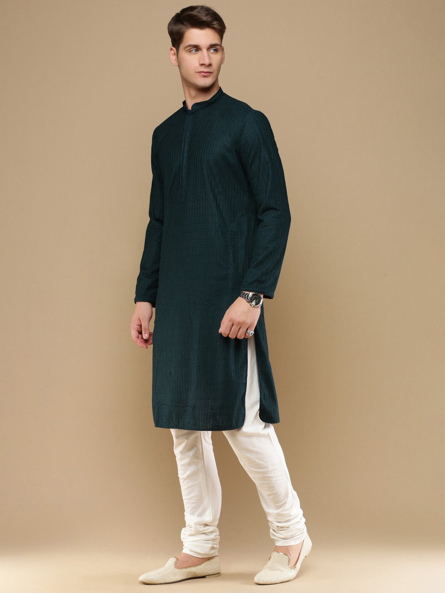 Sanwara Dark Green & White Regular Fit Chikankari Kurta & Churidar Set