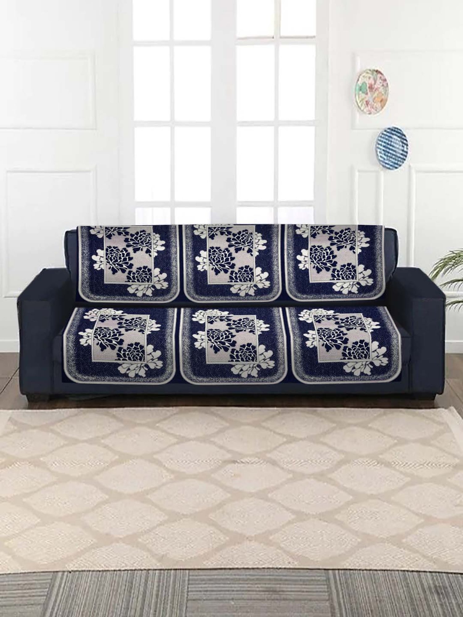 HOSTA HOMES Navy & Beige Velvet 5-Seater Sofa Cover - Set of 10