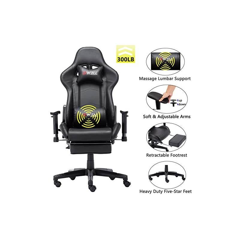 Office Chair Gaming Chair with Footrest Computer Chair Desk Chair PU Leather Executive Ergonomic Adjustable Chair with Headrest and Lumbar Support (Black)