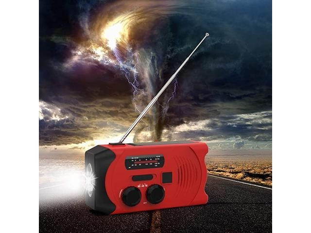 Version] Emergency Weather Radios SOS Alarm AM/FM NOAA Radio Hand Crank Self Powered LED Flashlight 2000mAh Power Bank Red with Multifunctional Climbing Button Carabiner (Black Lanyard)