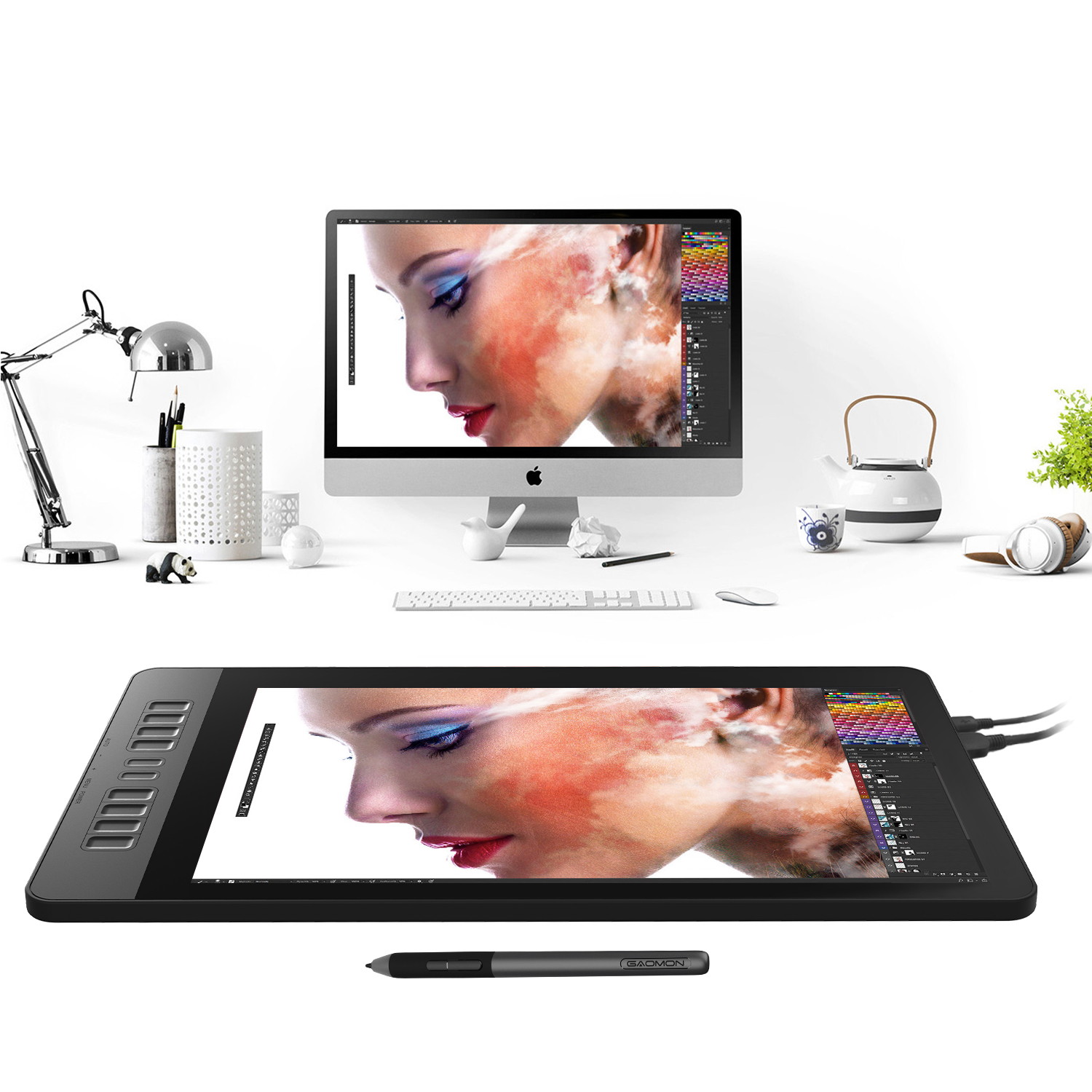 GAOMON PD1561 Pen Display with Tilt-Support Battery-Free 8192 Level Pen 10 Shortcut Keys HD Screen Drawing Tablet with Monitor Stand - 15.6 Inches