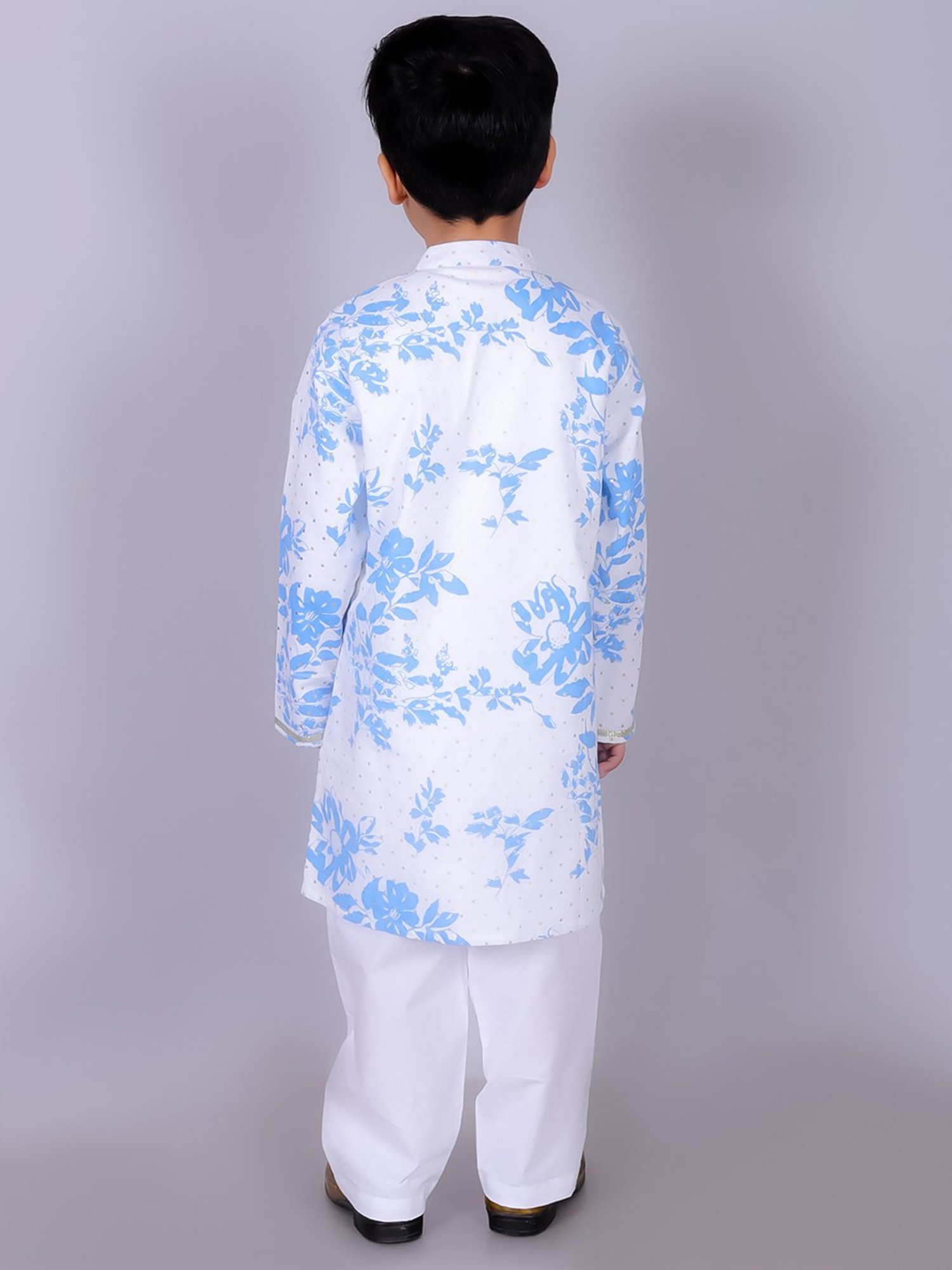 Lil Drama Kids White & Blue Floral Print Kurta with Pants