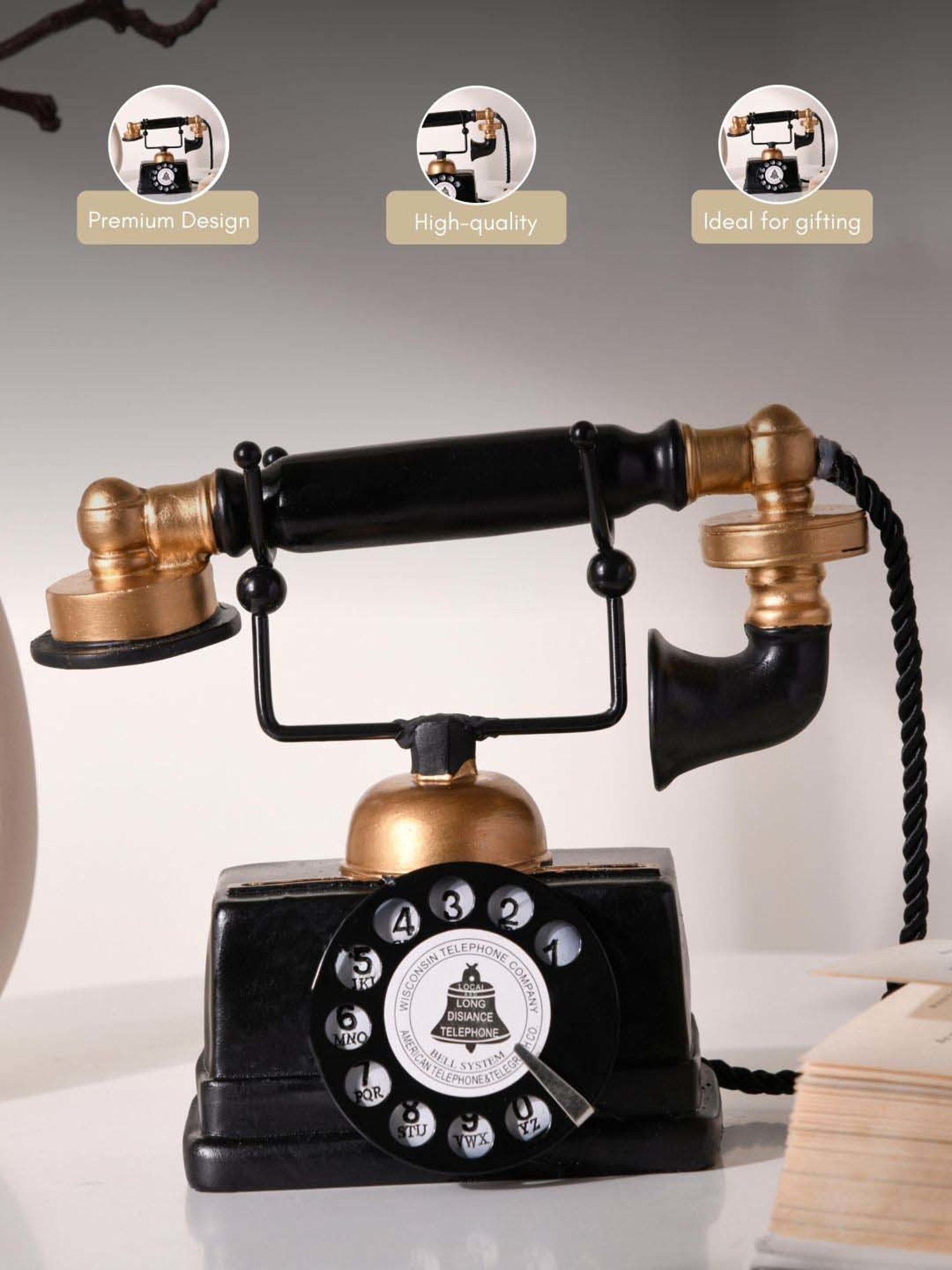 Nestasia Vintage Premium Quality Black & Golden Resin Made Telephone Decor Piece For Gifting