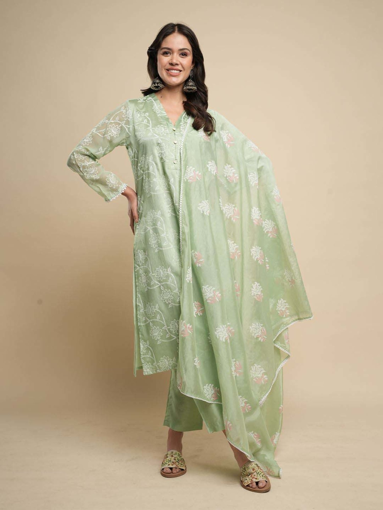 Heeposh Green Printed Kurta Pant Set With Dupatta