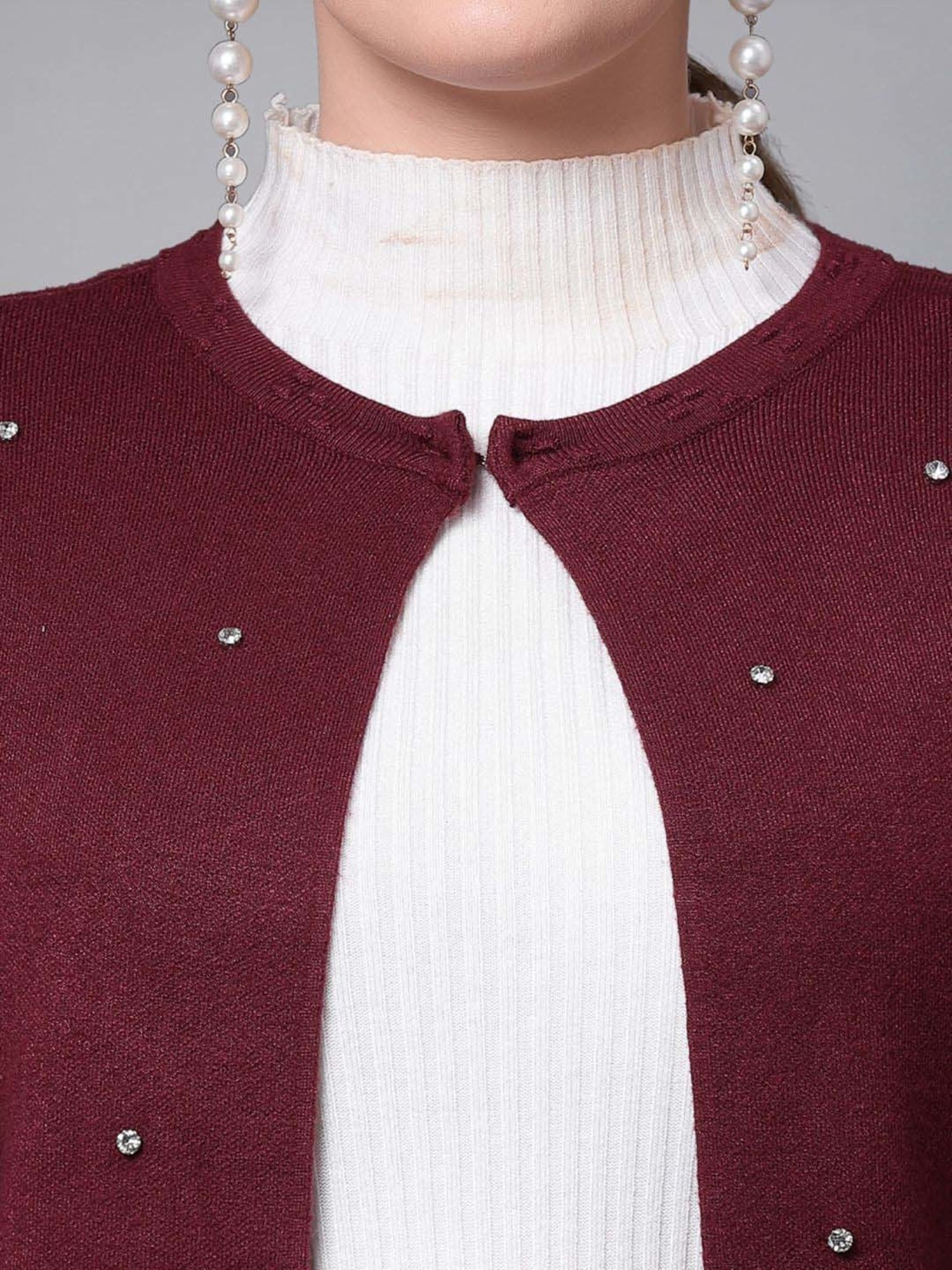 Mafadeny Maroon Embellished Shrug