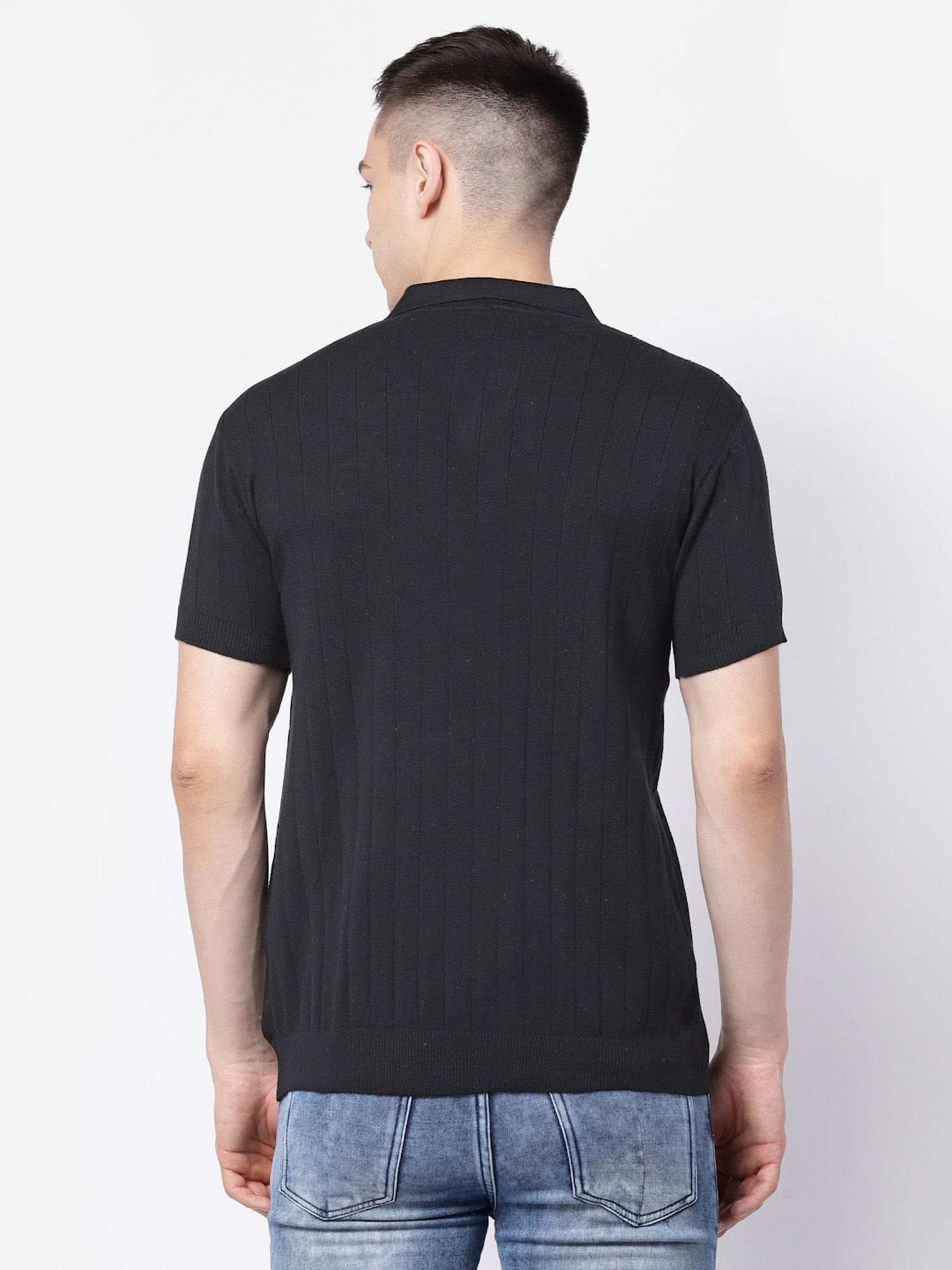 Kalt Black Regular Fit Striped Polo T-Shirt