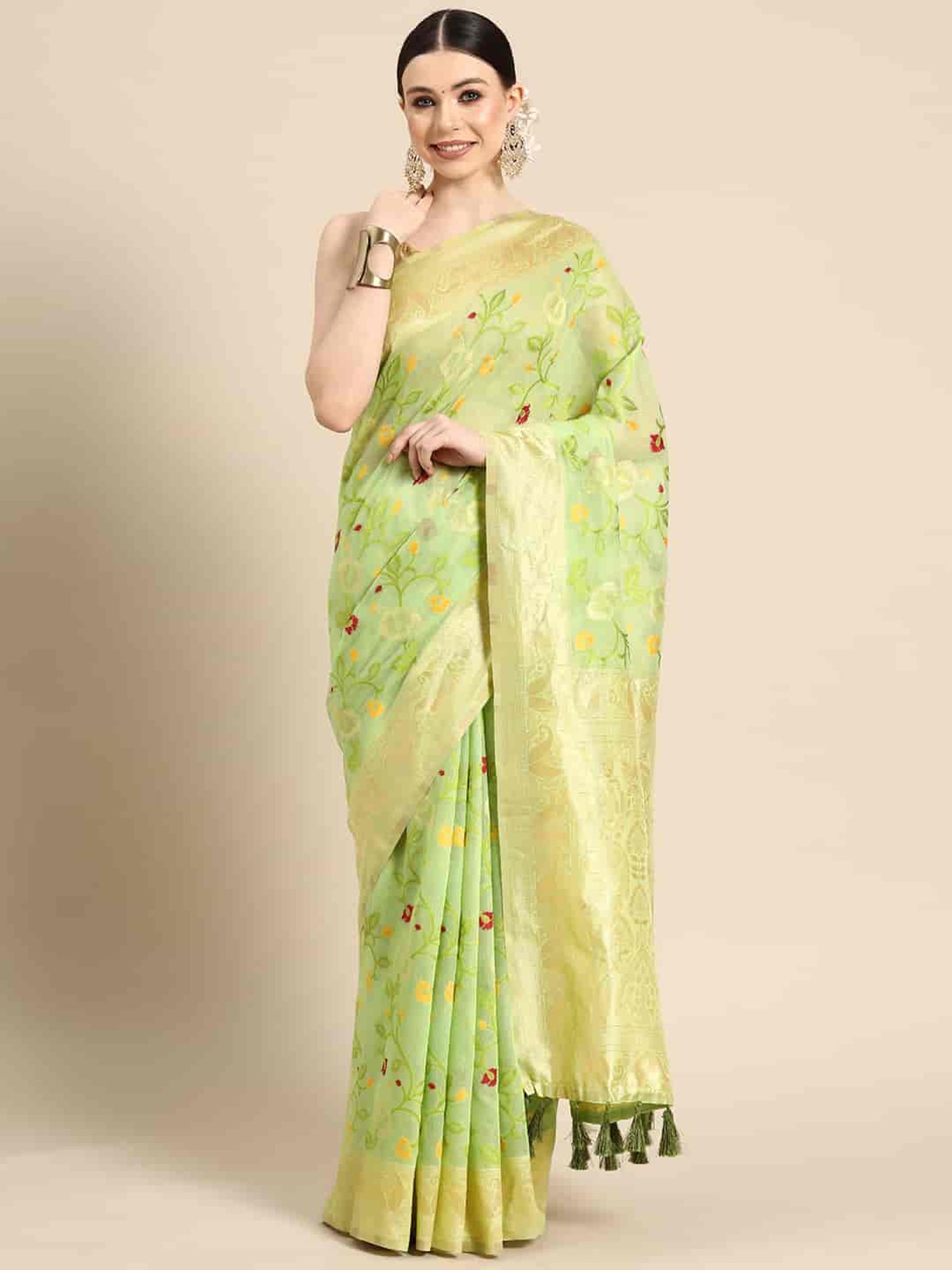 Silk Land Green Cotton Woven Saree With Unstitched Blouse