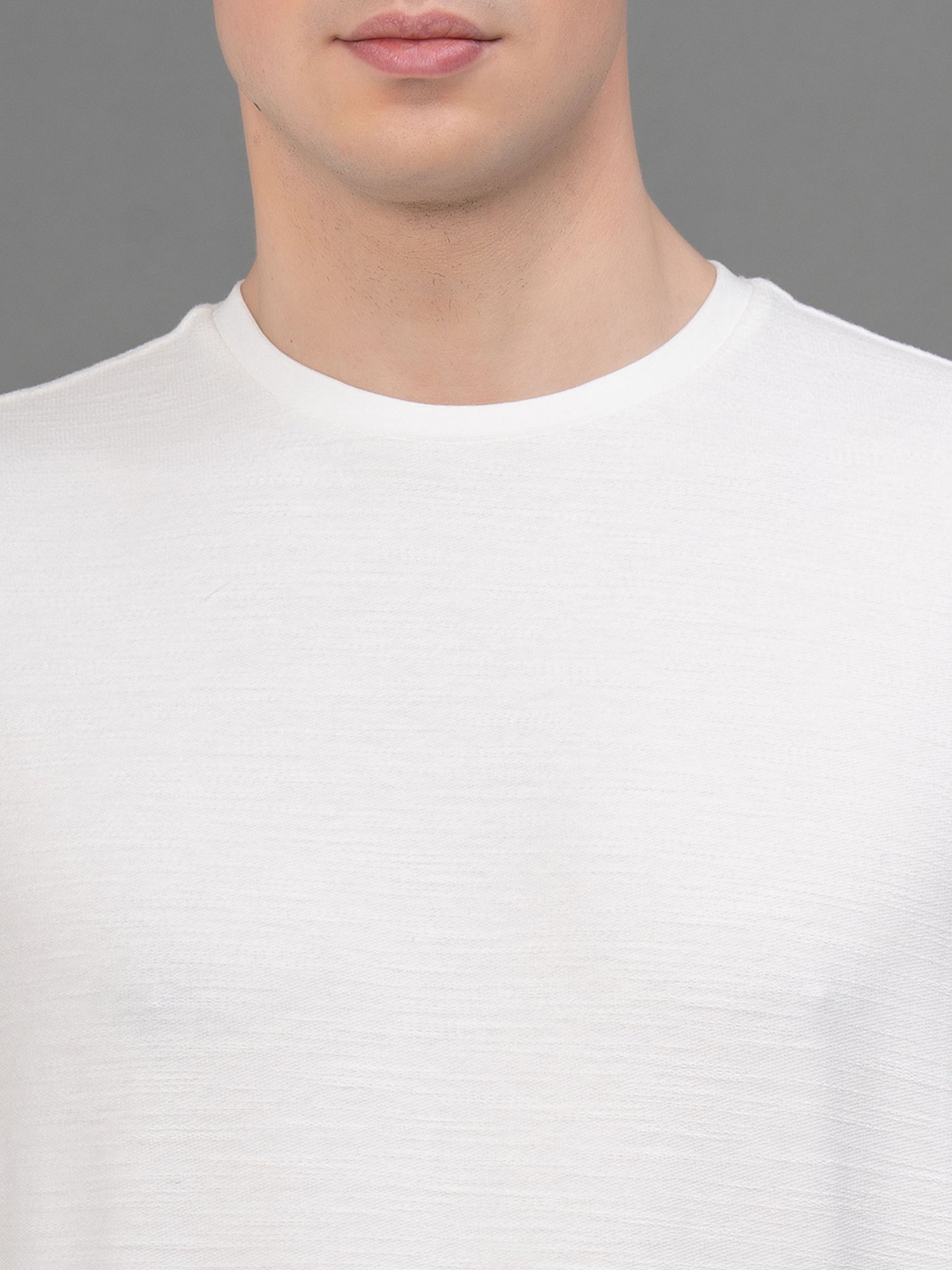 Red Tape White Regular Fit Self Design Crew T-Shirt