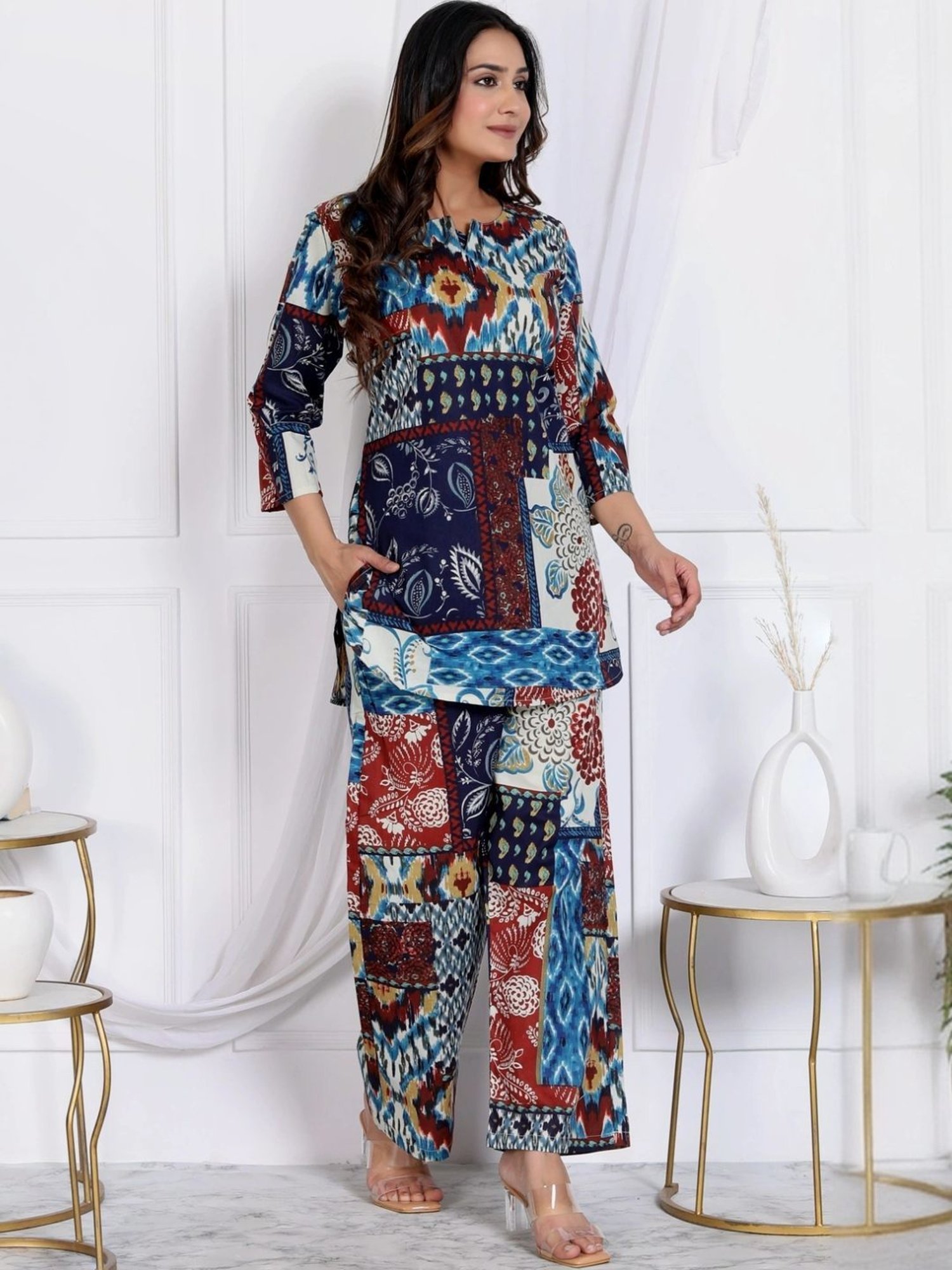 Kaftanize Blue Ikkat Patches Printed Ethnic Tunic with Pant