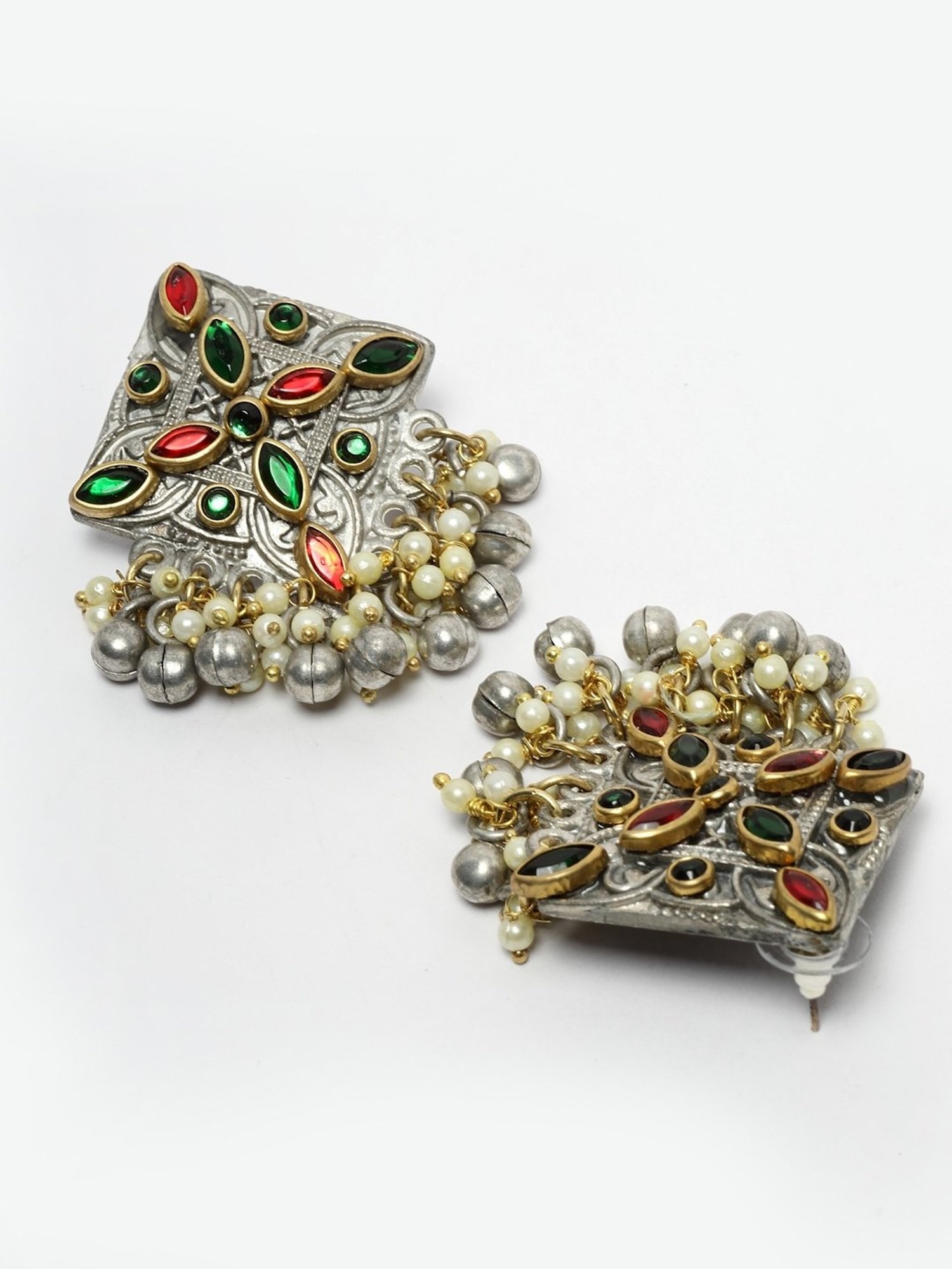 Moedbuille Crystal Ghungroo & Pearl Studded Antique Design Silver-Plated Tasselled Stud Earrings