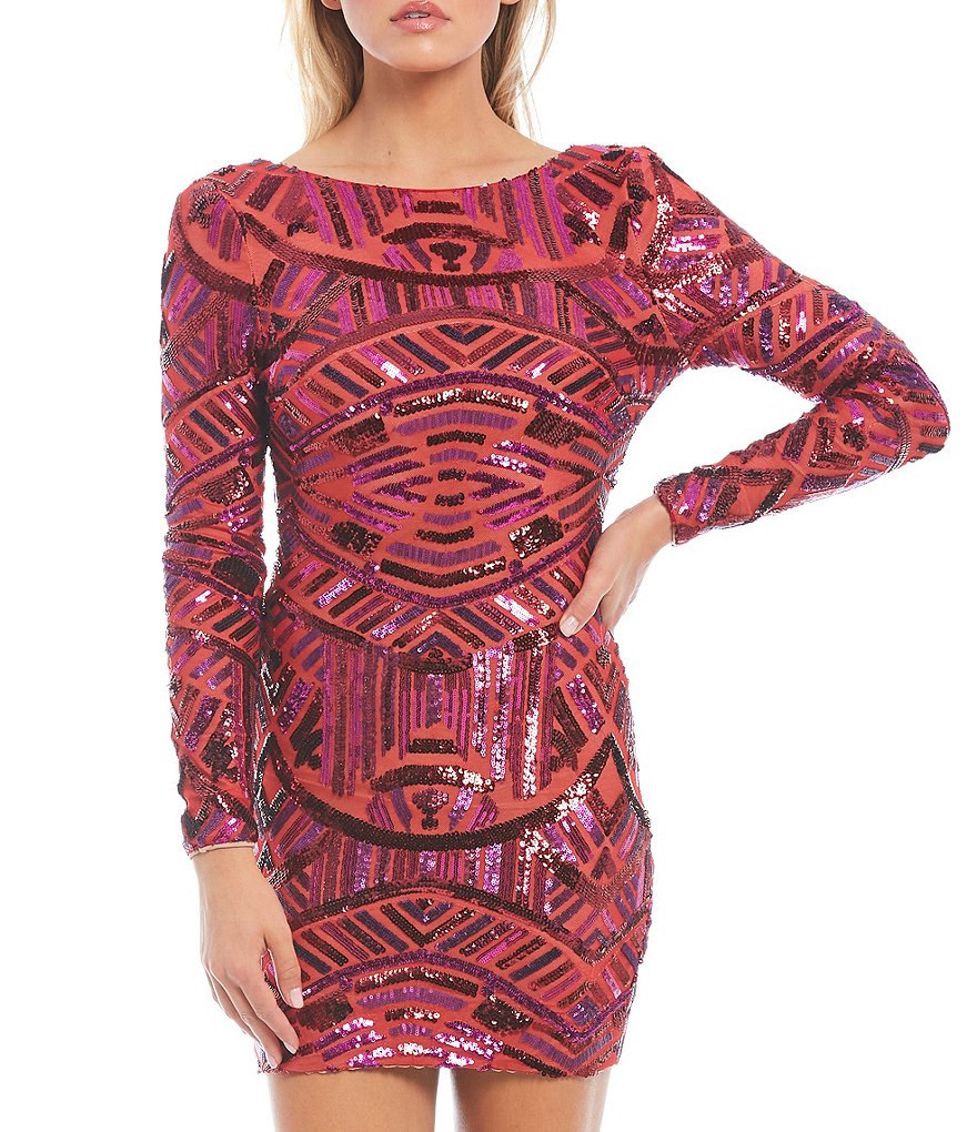 Dress the Population Lola Sequin Long Sleeve Boat Neck Sheath Mini Dress