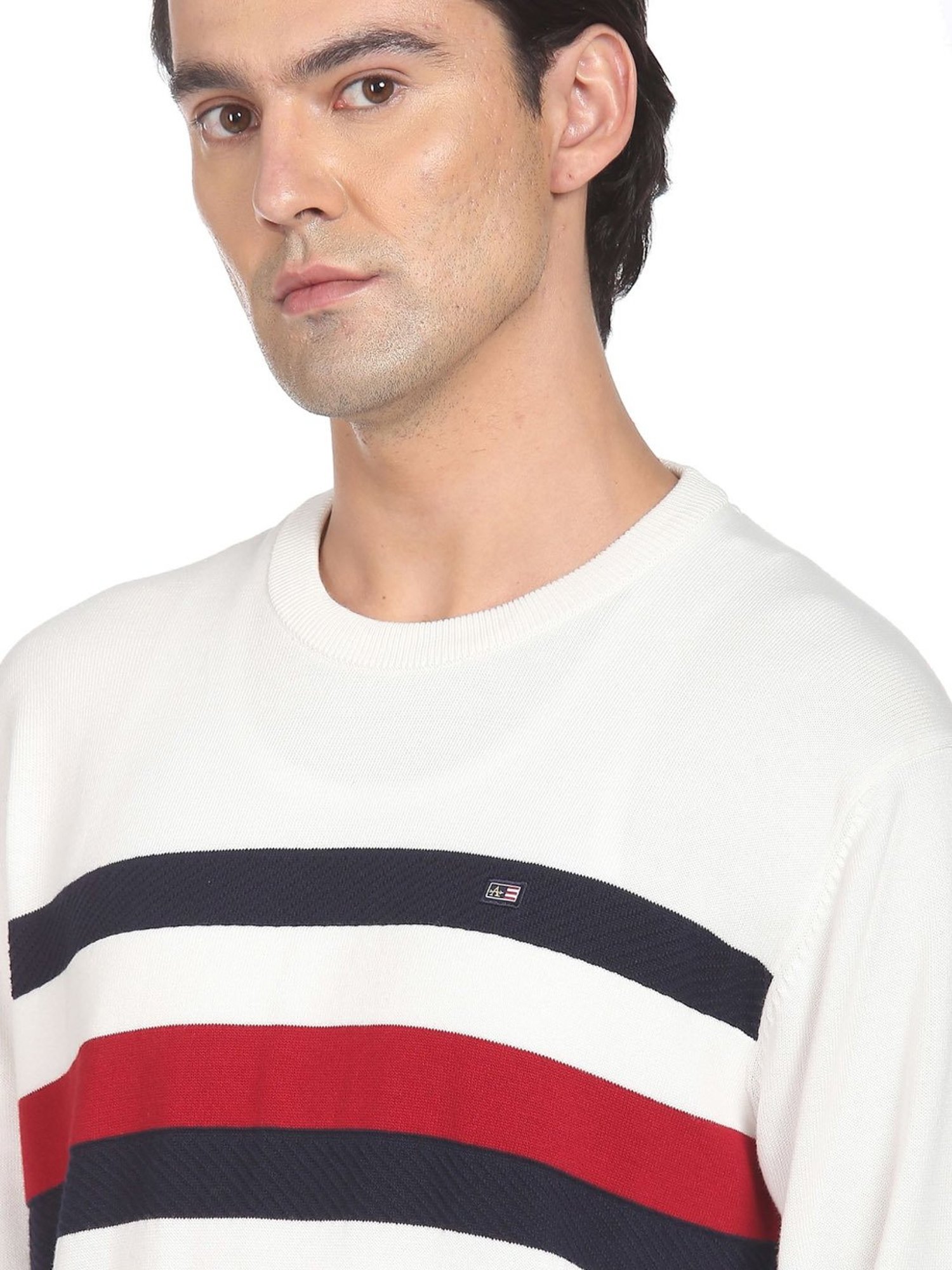 Arrow Sport White Cotton Regular Fit Striped Sweater