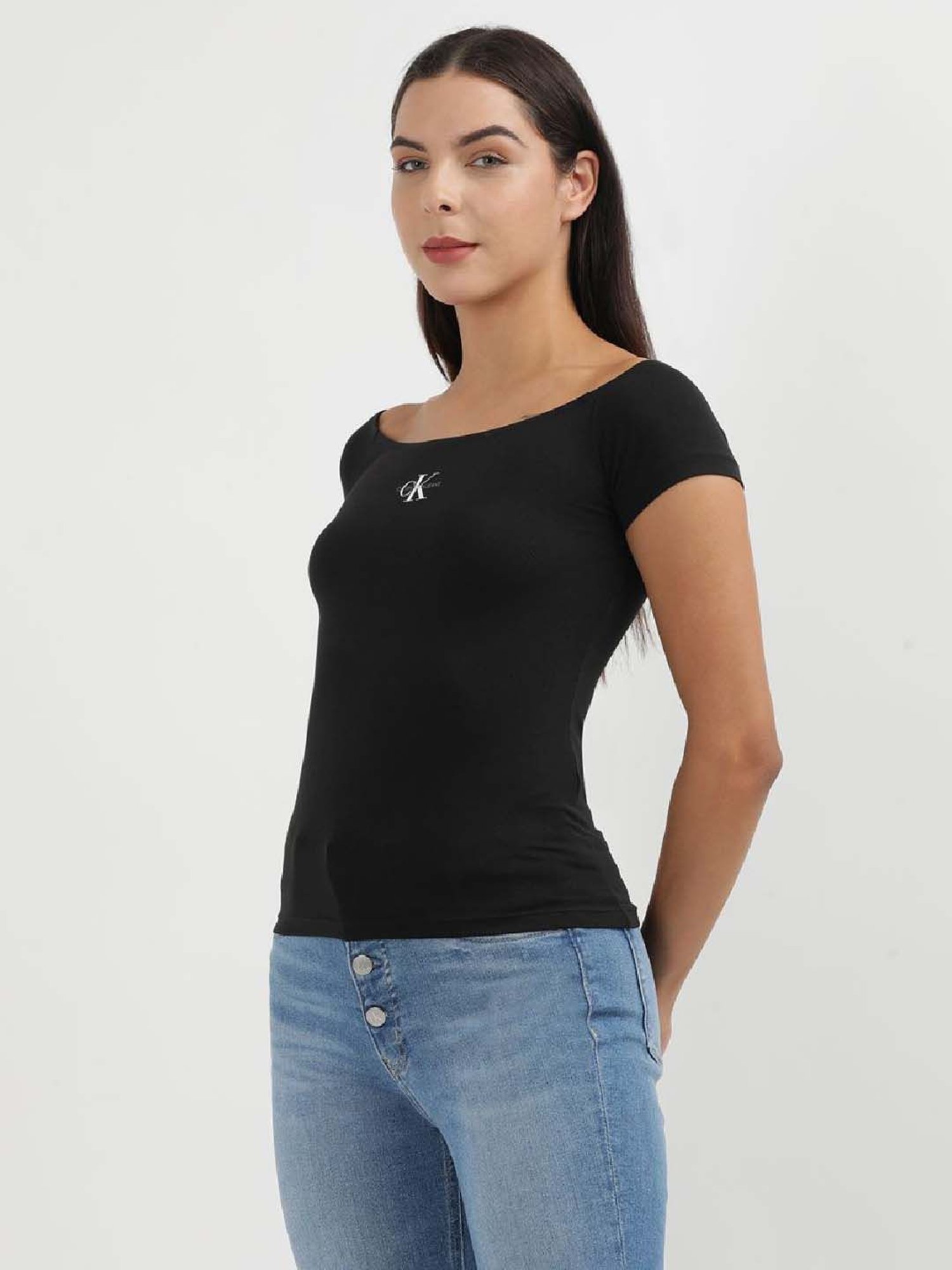 CALVIN KLEIN Black Cotton Logo Print Top