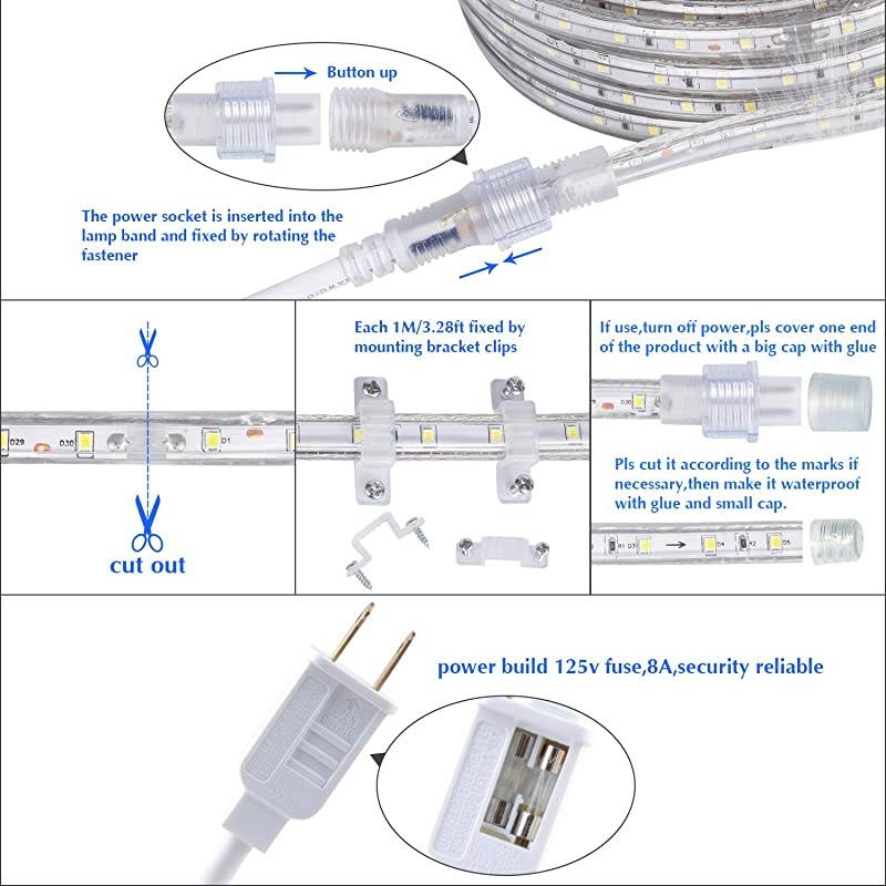 50ft/15m LED Lights Strip kit Rope Lights Waterproof 110V 2 Wire Flexible 900 Units SMD 2835 LEDs,UL Listed Power Supply Indoor/Outdoor Use Ideal for Backyards Decorative Lighting Blue