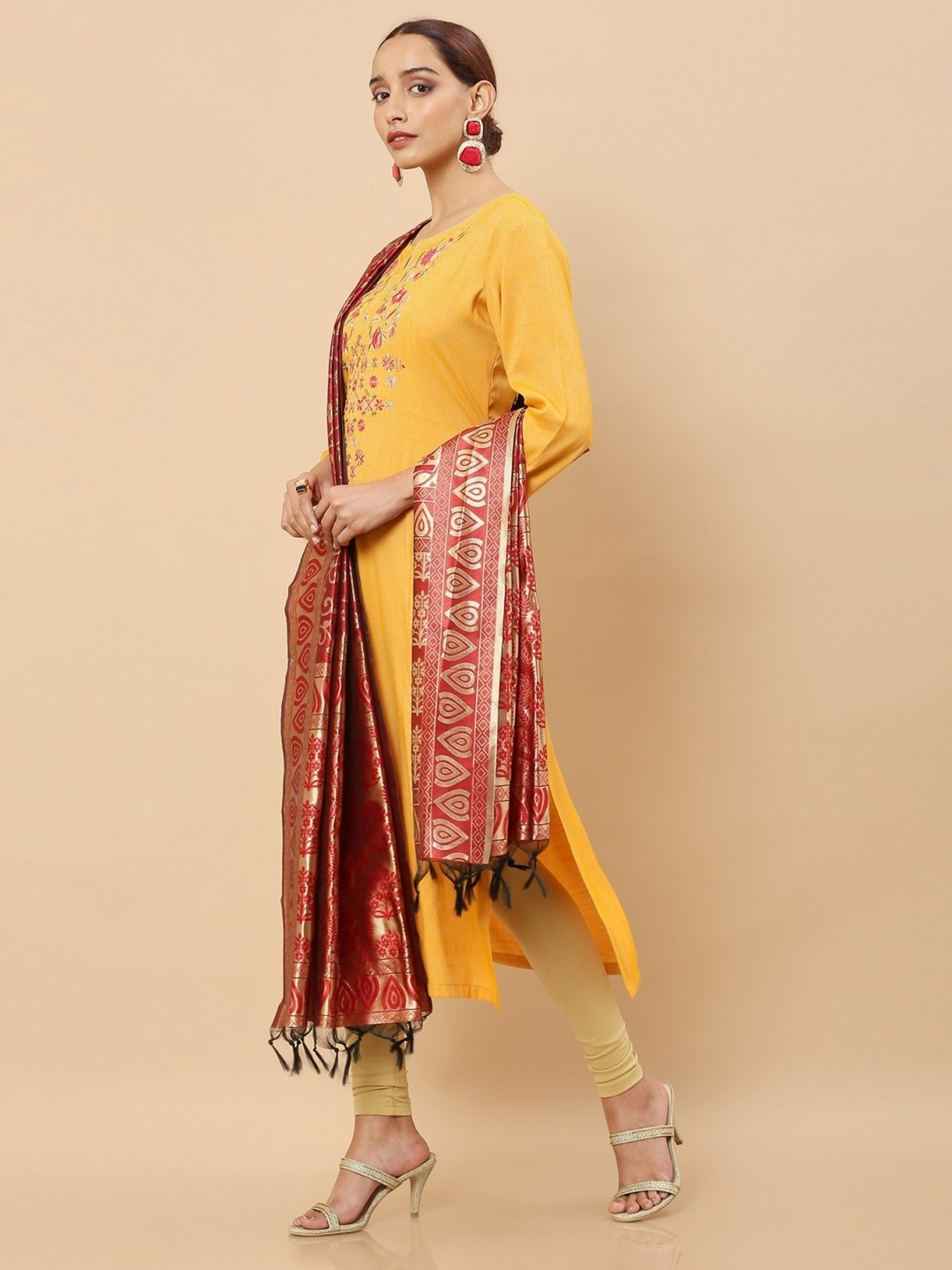 Soch Maroon Cotton Woven Pattern Dupatta