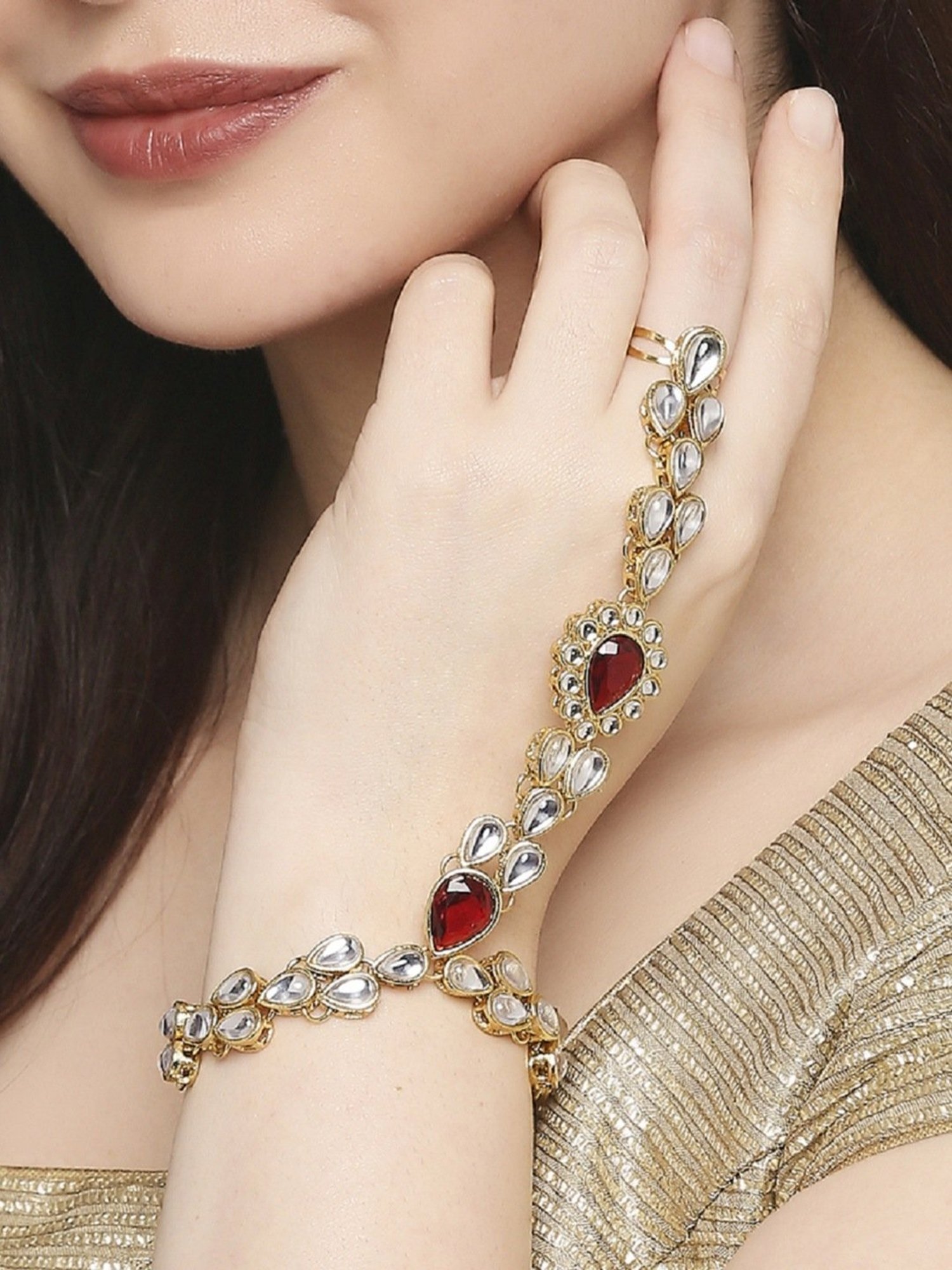 Oomph Red Stones & Kundan Ethnic Statement Hand Harness