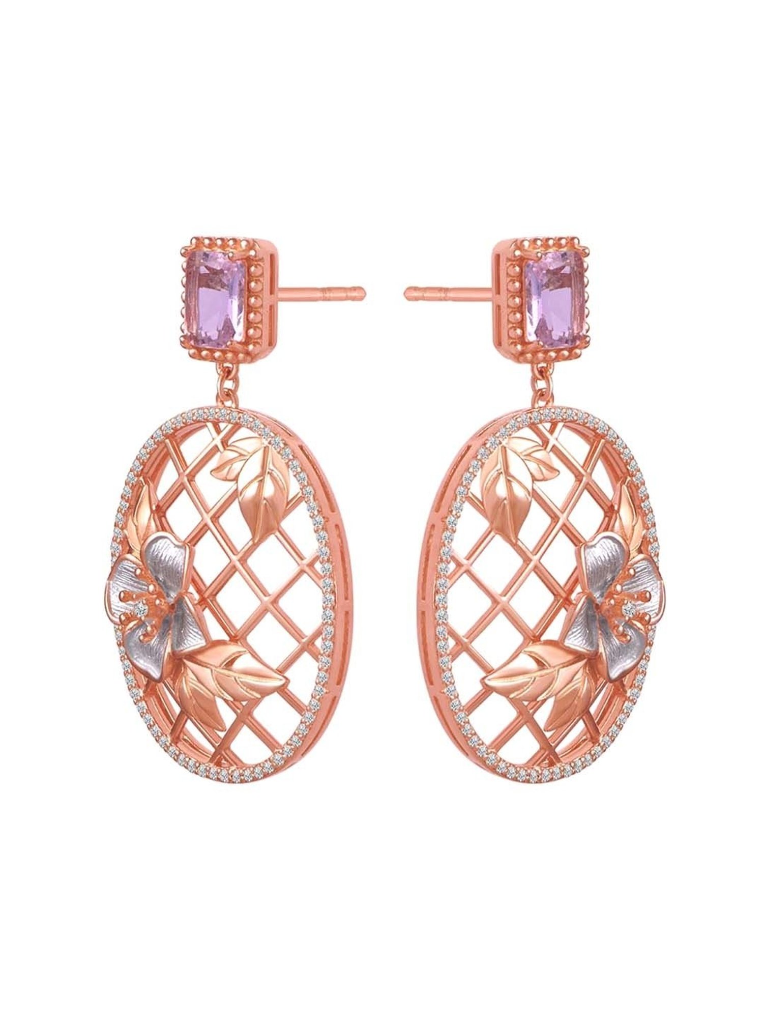 Rihi by P.C. Chandra Jewellers 92.5 Sterling Silver Pink Stone Oval Rose Gold Drop Earring