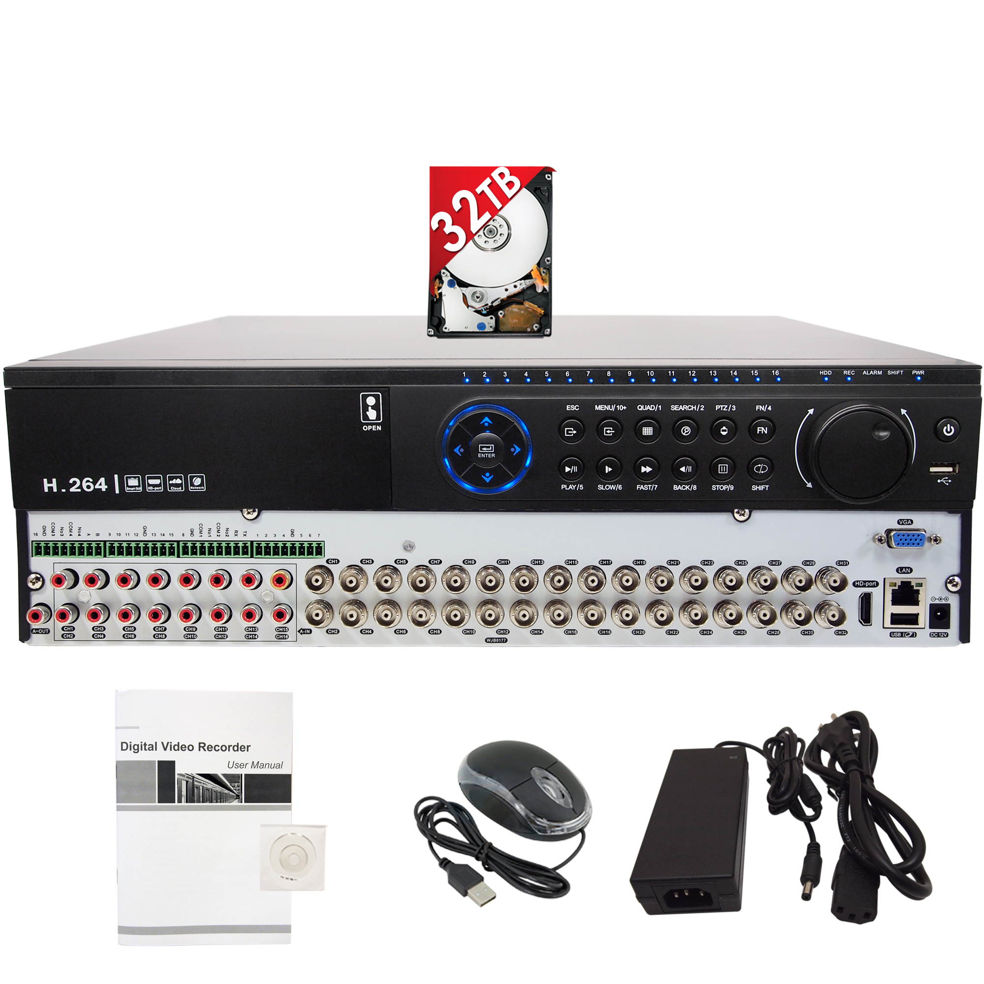 Evertech HD H.265 32 Channel DVR Security Recorder with 32TB Hard Drive, Compatible with AHD/TVI/CVI/Analog Cameras