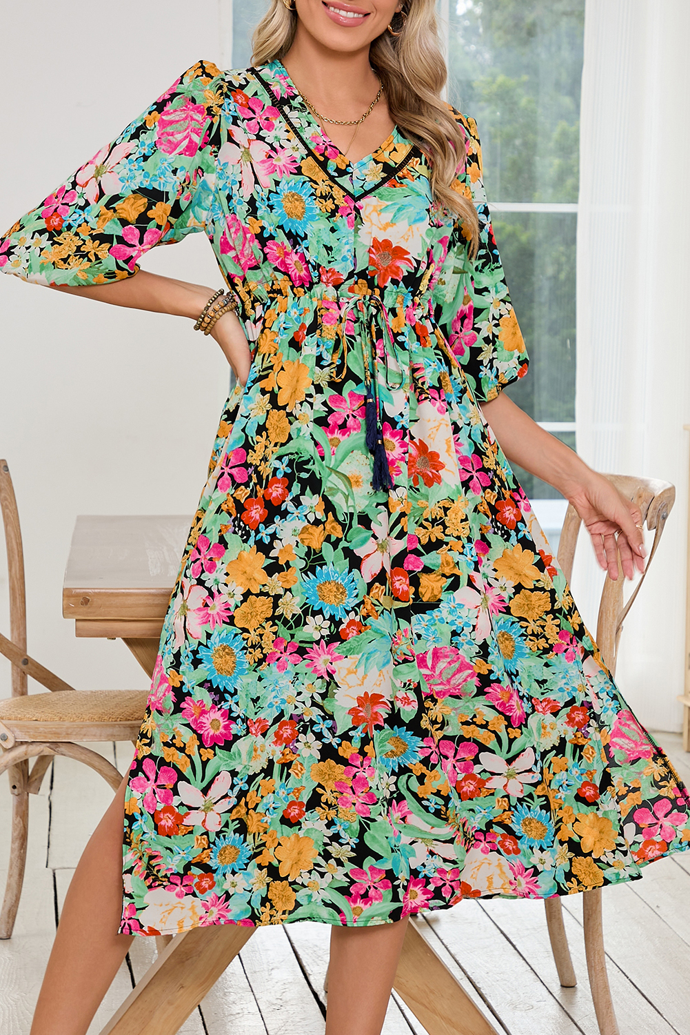 Green Boho Floral Puff Sleeve V Neck Tassel Drawstring Midi Dress