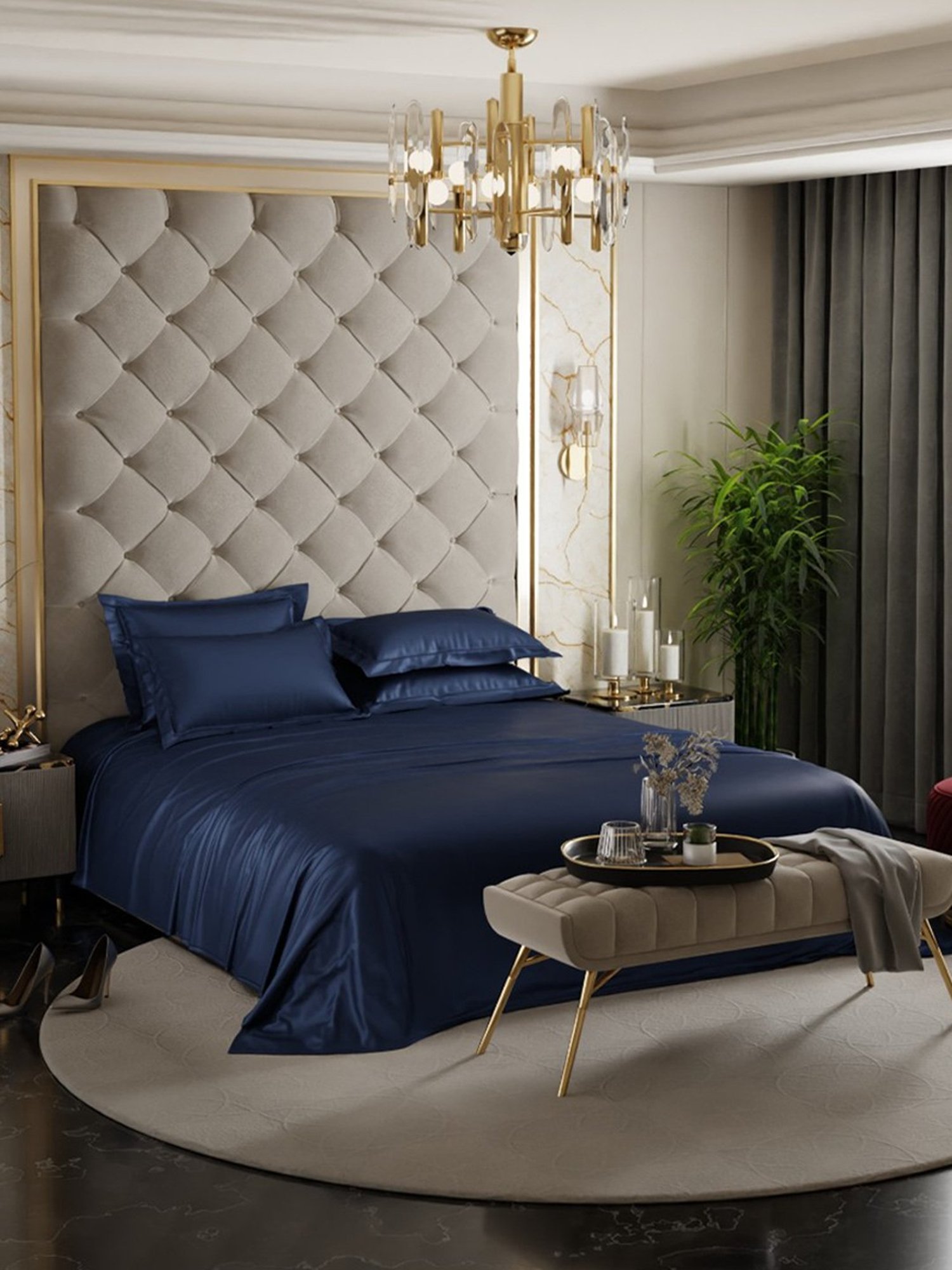 Stoa Paris Date Night Collection 300 TC Navy Sateen Super King Bed Sheet with 4 Pillow Covers