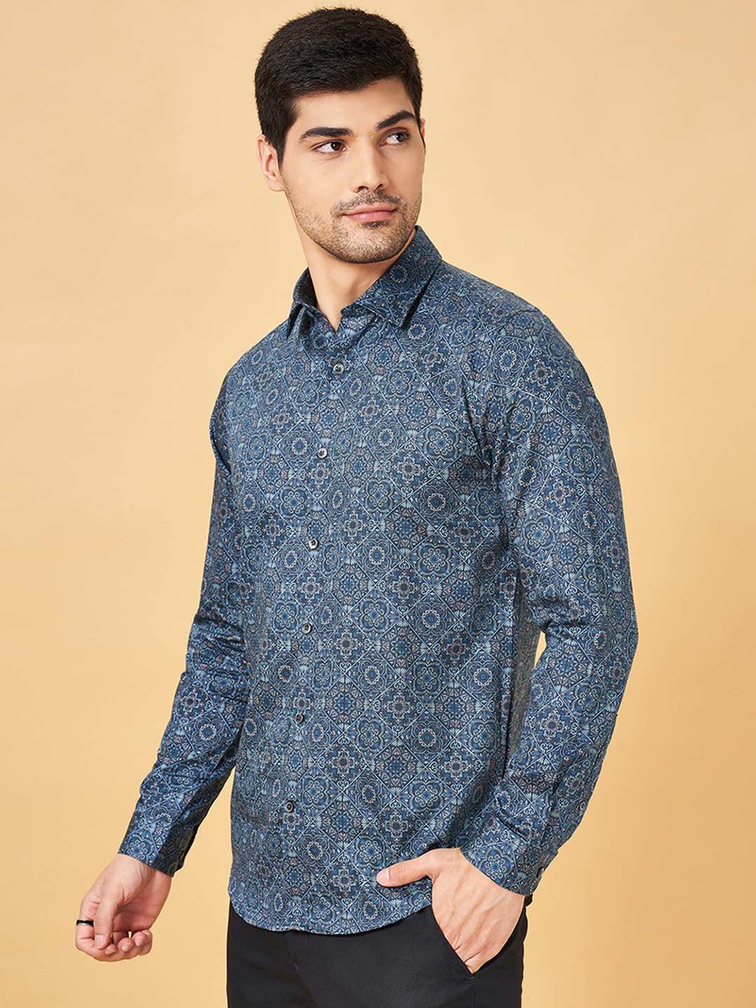 Peregrine By Pantaloons Navy Slim Fit Printed Shirt