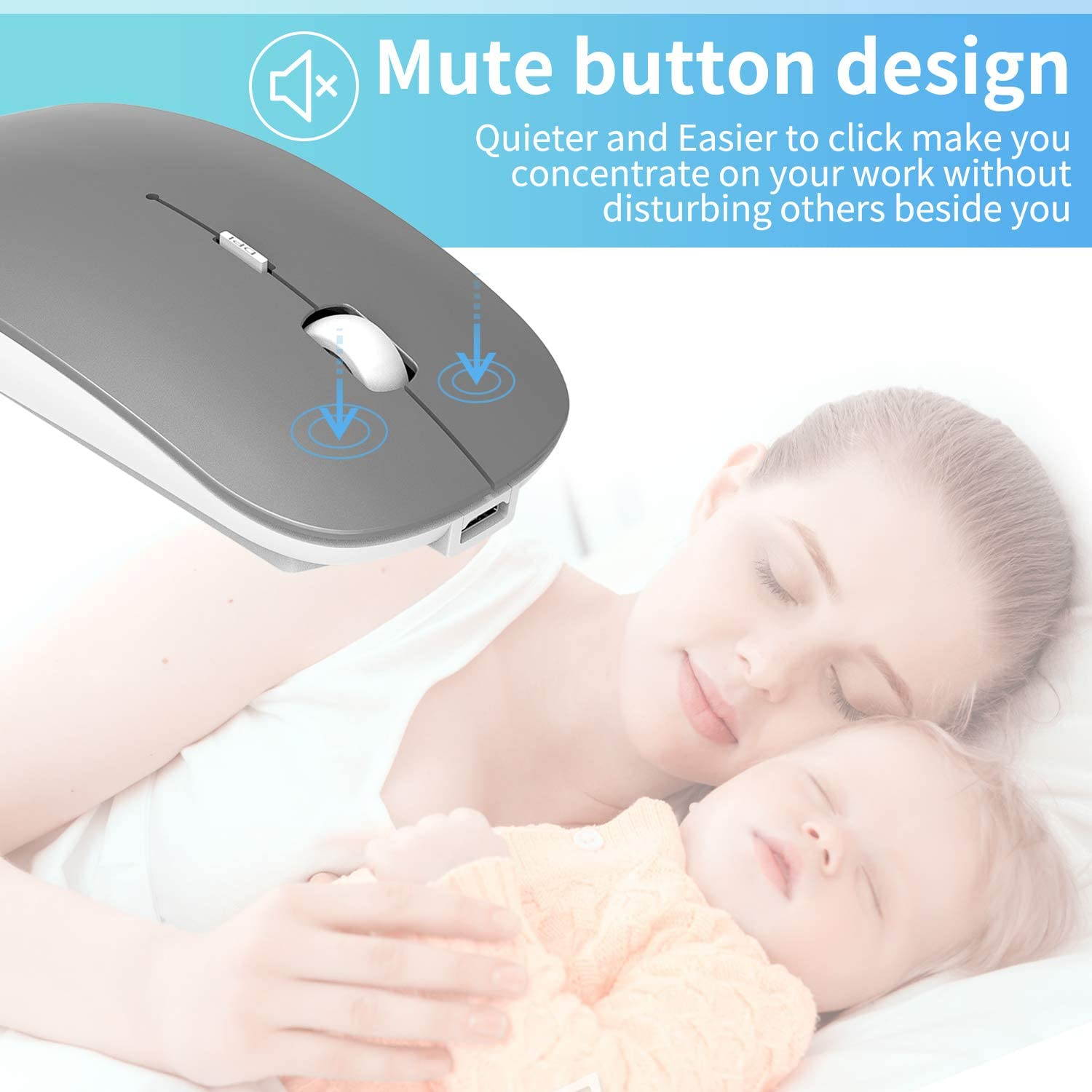 2.4GHz Wireless Bluetooth Mouse, 3 Adjustable DPI, Dual Mode Slim Rechargeable Wireless Mouse Silent USB Mice,Compatible for Laptop Windows Mac Android MAC PC Computer (Silver)