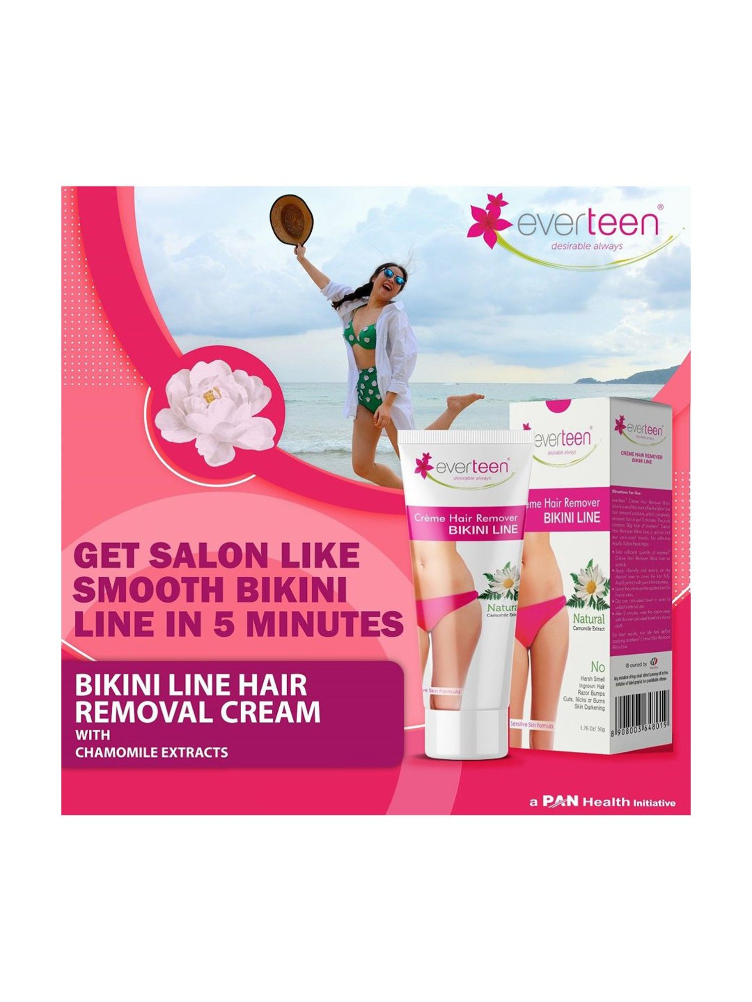 everteen Bikini Line Hair Remover Creme - Natural for Women - 1 Pack - 50 gm