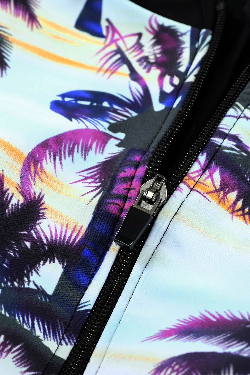 Black Plant Print Zip Front Half Sleeve One Piece Swimsuit