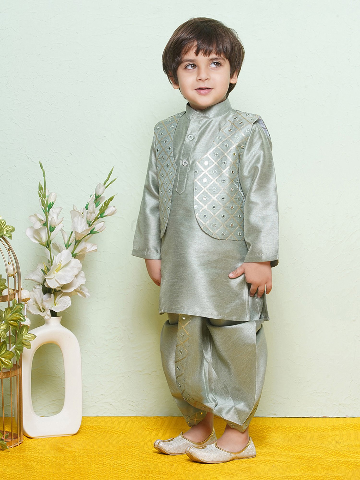 AJ Dezines Kids Green Embellished Full Sleeves Kurta, Dhoti with Waistcoat